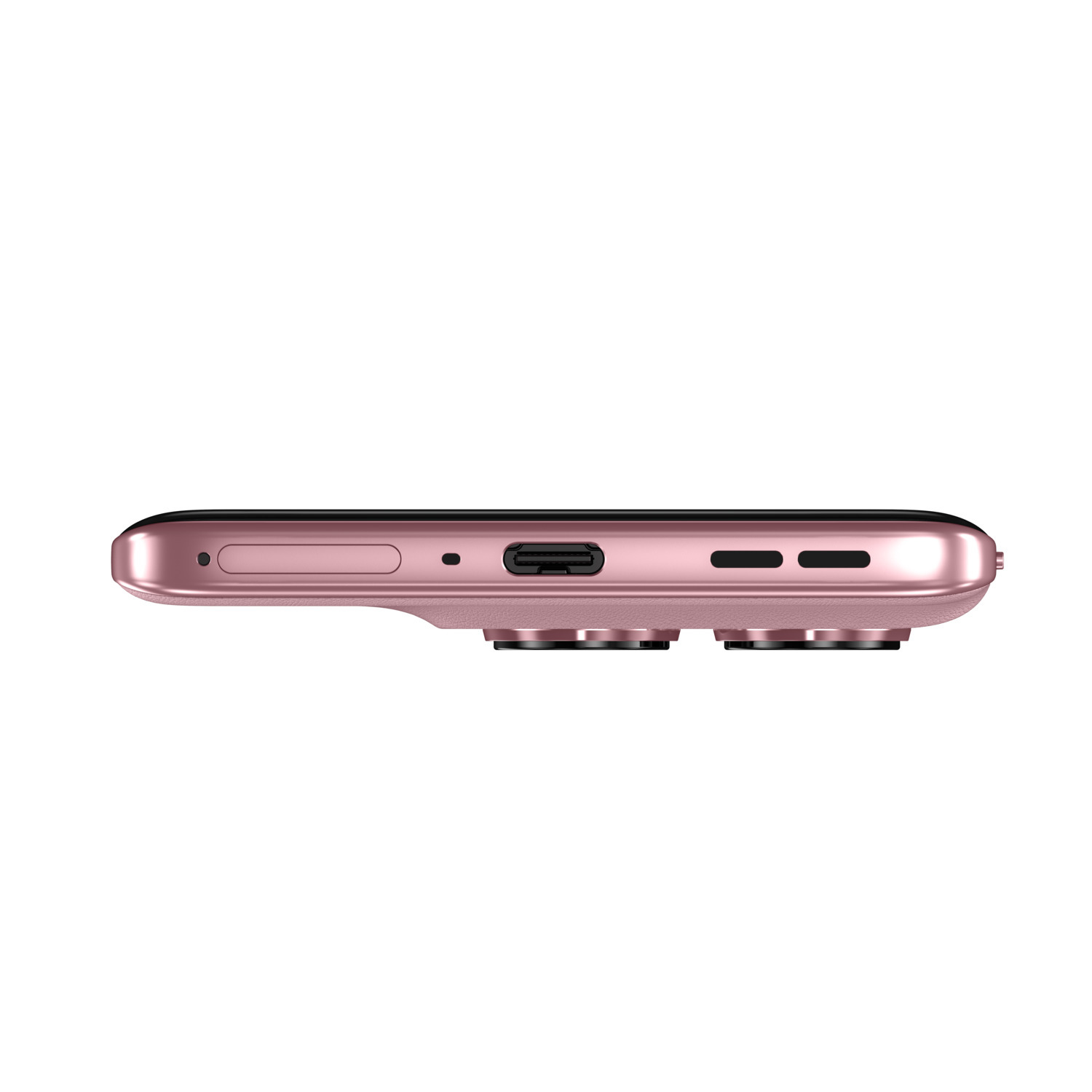 Top view of a rose gold smartphone with a camera module and charging port.