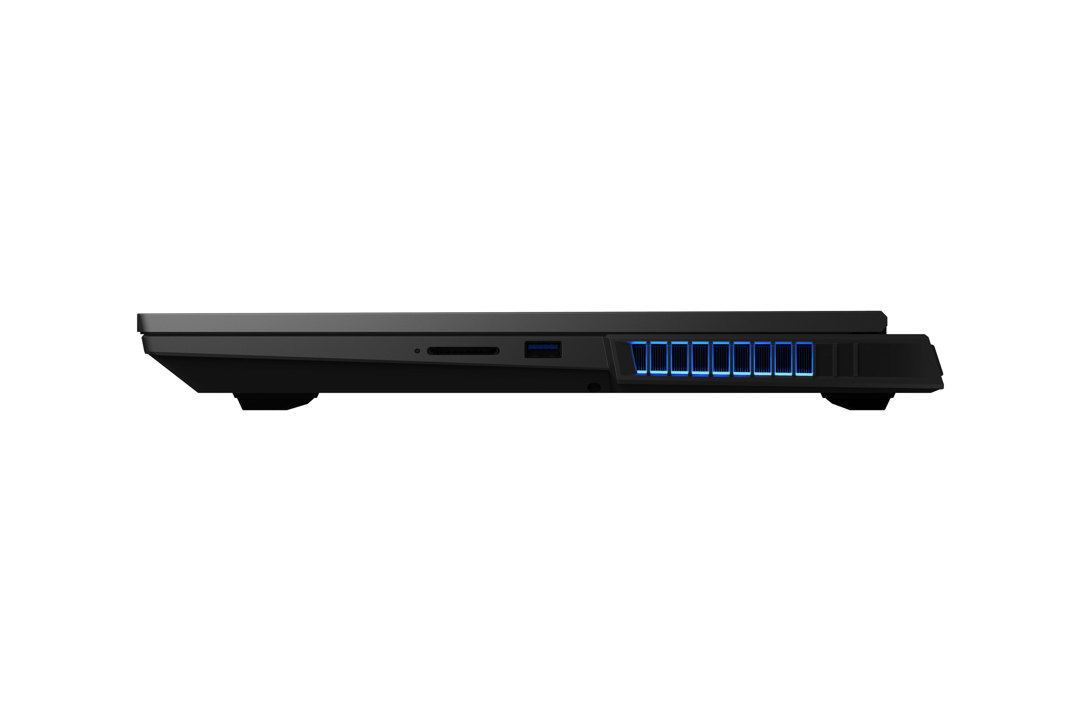 Seitenansicht eines schwarzen Laptops auf weißem Grund.