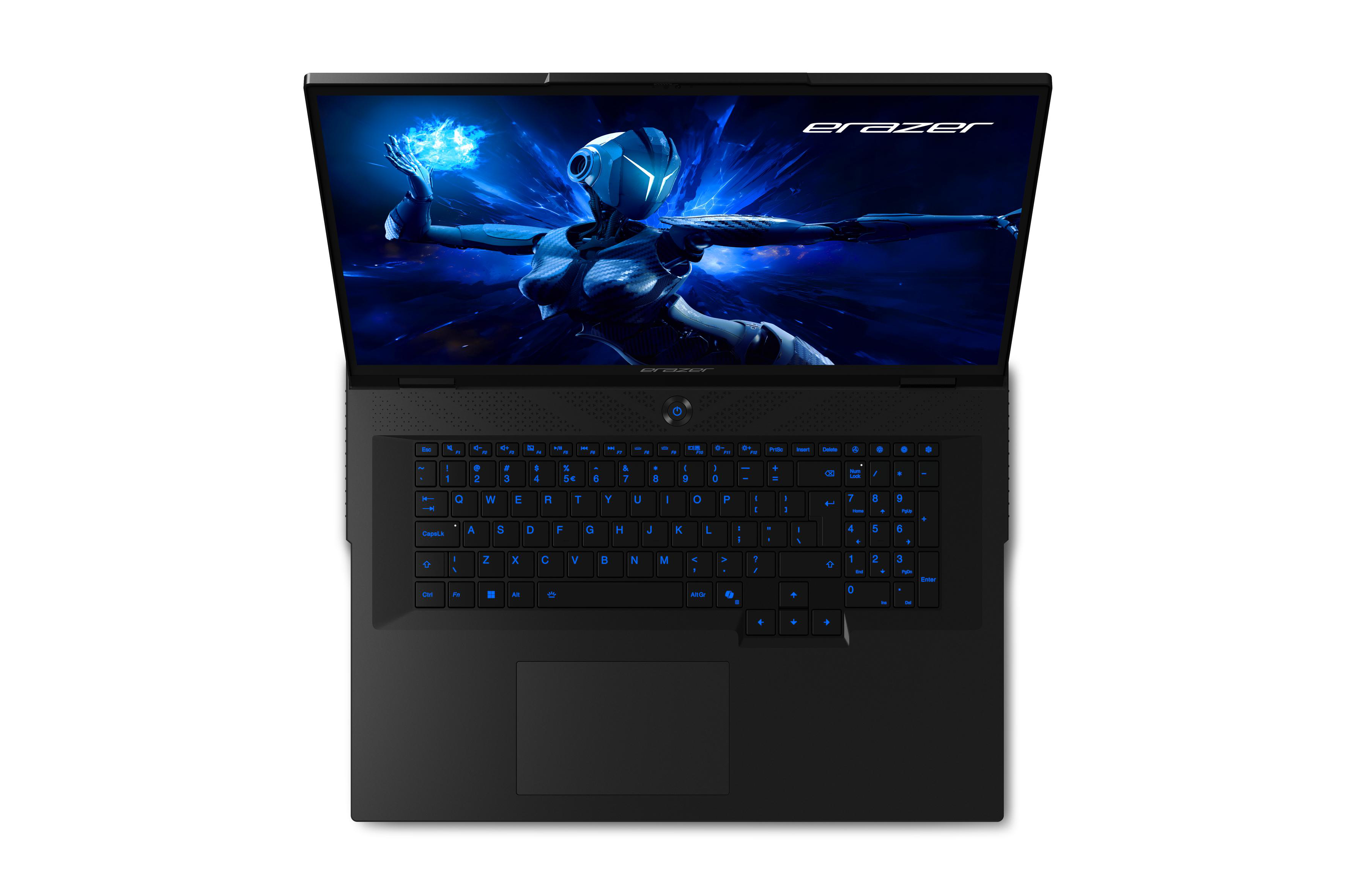Laptop von oben, geöffnet, blaue Lichter.