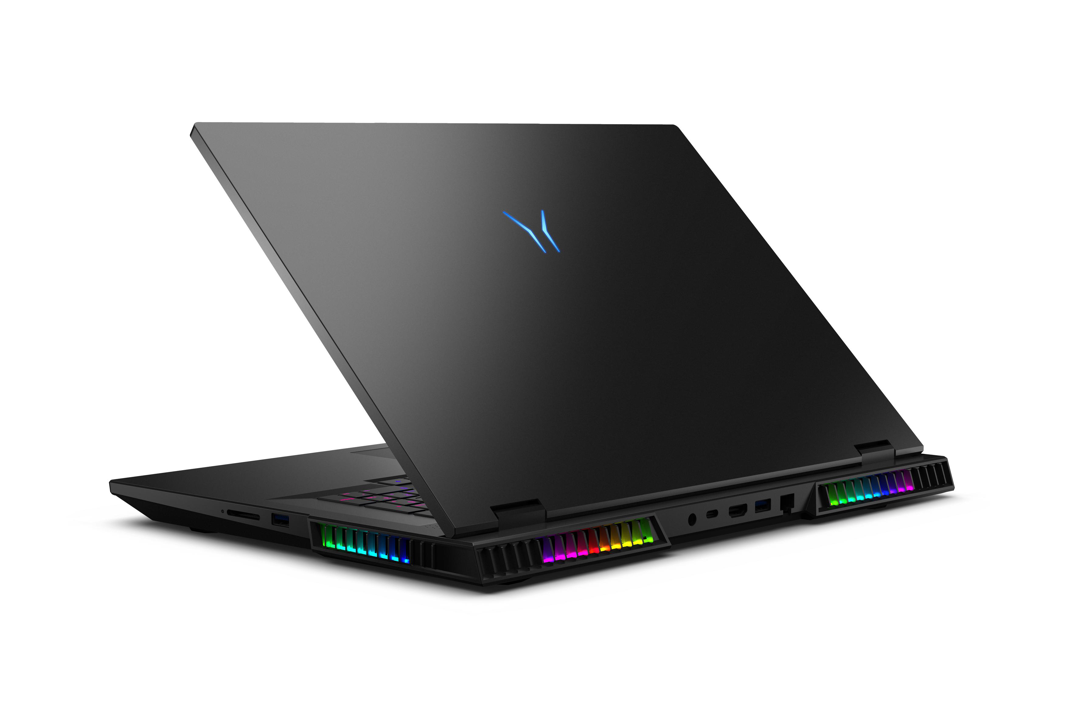 Schwarzer Laptop mit geöffnetem Bildschirm, beleuchteter Tastatur und Regenbogenlichtern an den Seiten.