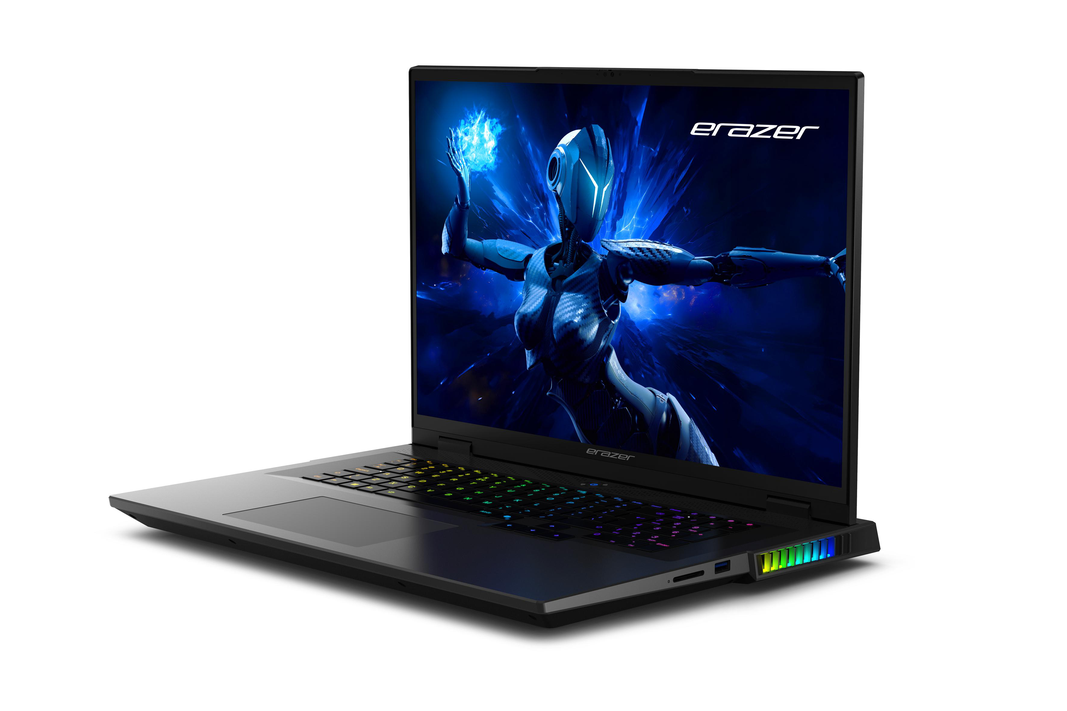 Schwarzer Laptop offen, Bildschirm zeigt futuristische Frauenfigur.
