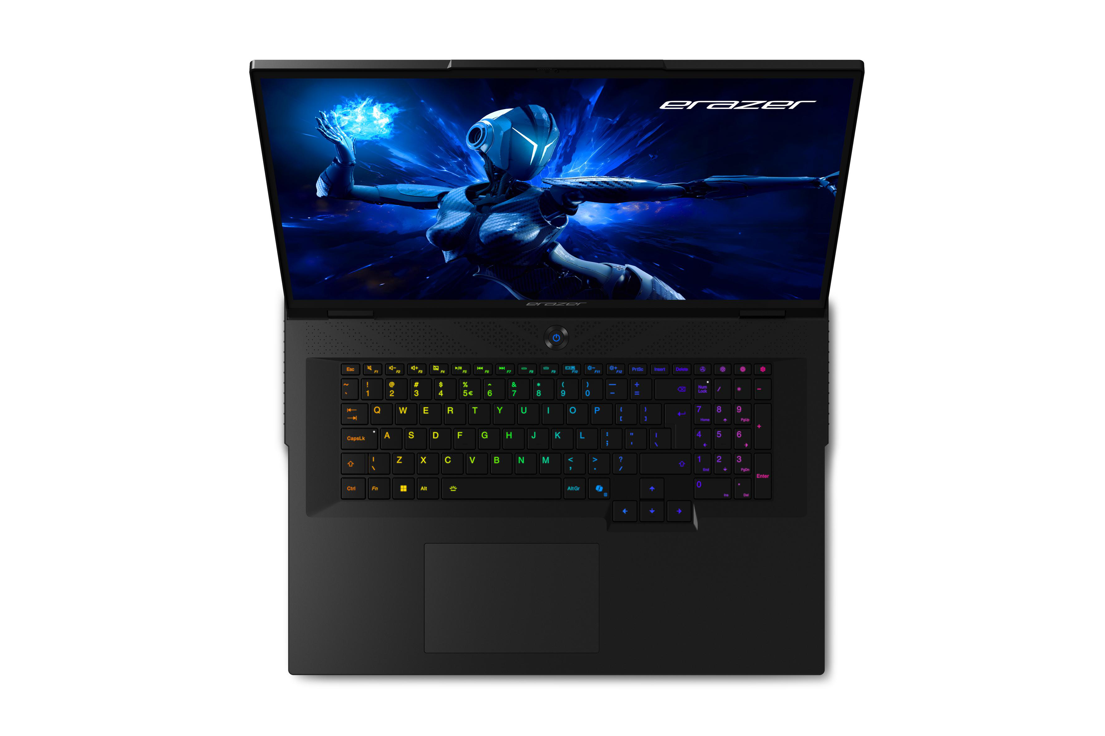 Laptop, geöffnet mit Spiel auf dem Bildschirm. Bunte Tastatur, schwarzes Gehäuse.