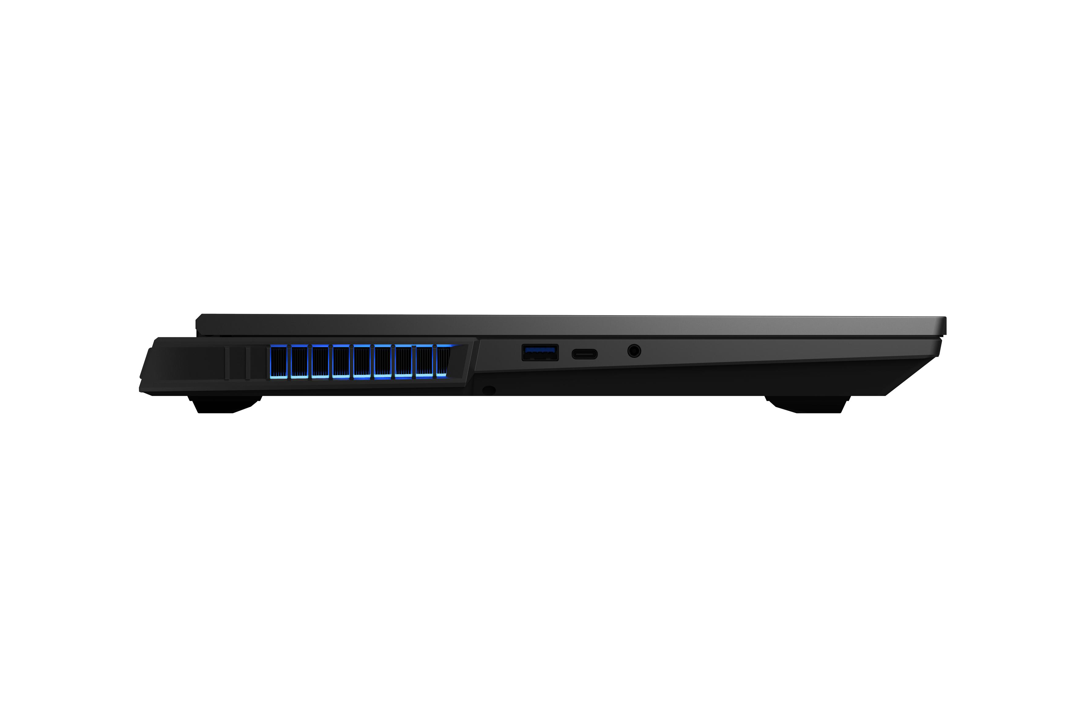Seitenansicht eines schwarzen Laptops mit blau beleuchteten Lüftungsschlitzen.