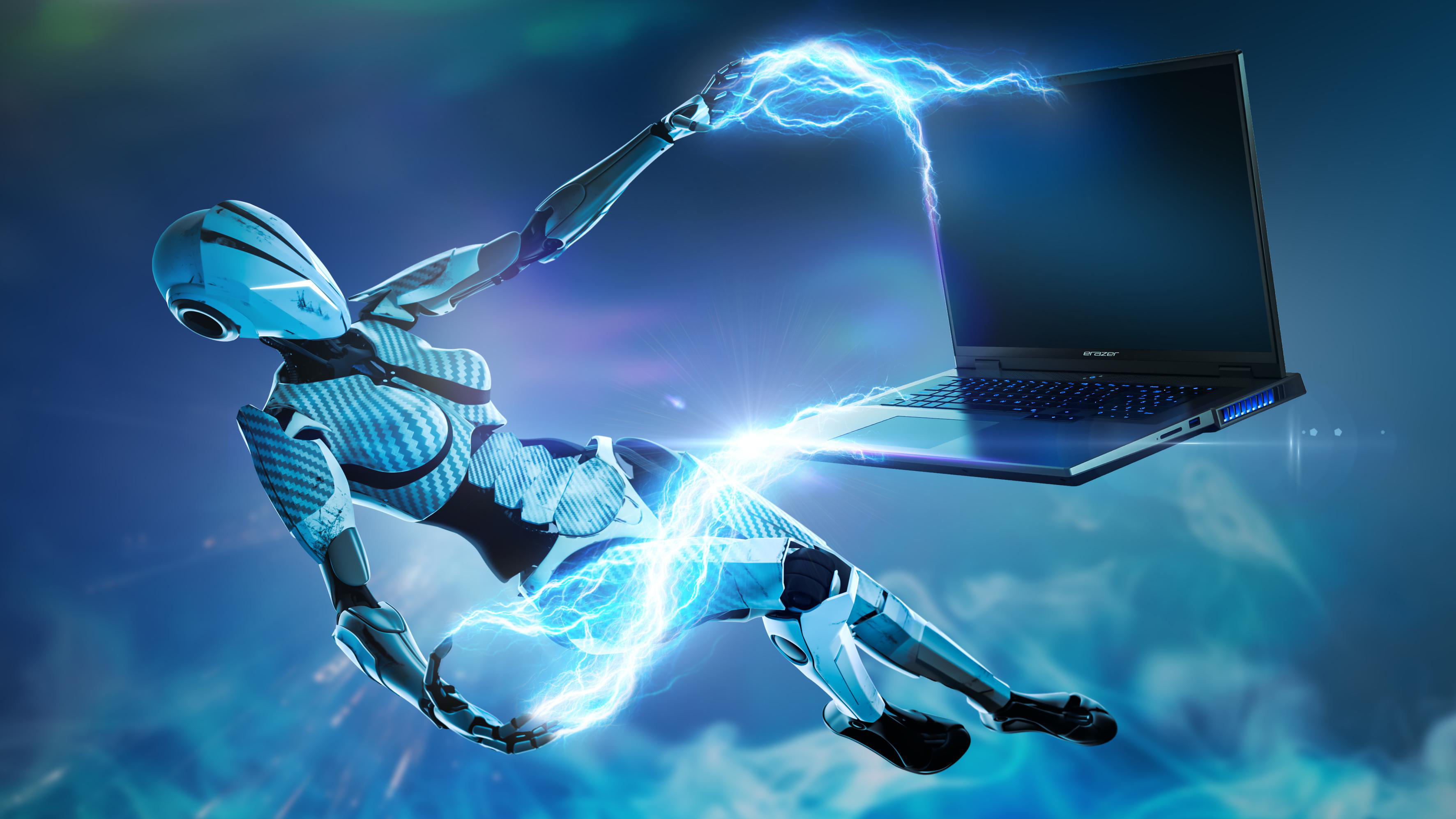 Eine Roboterfrau mit Blitz, der mit einem Laptop verbunden ist.