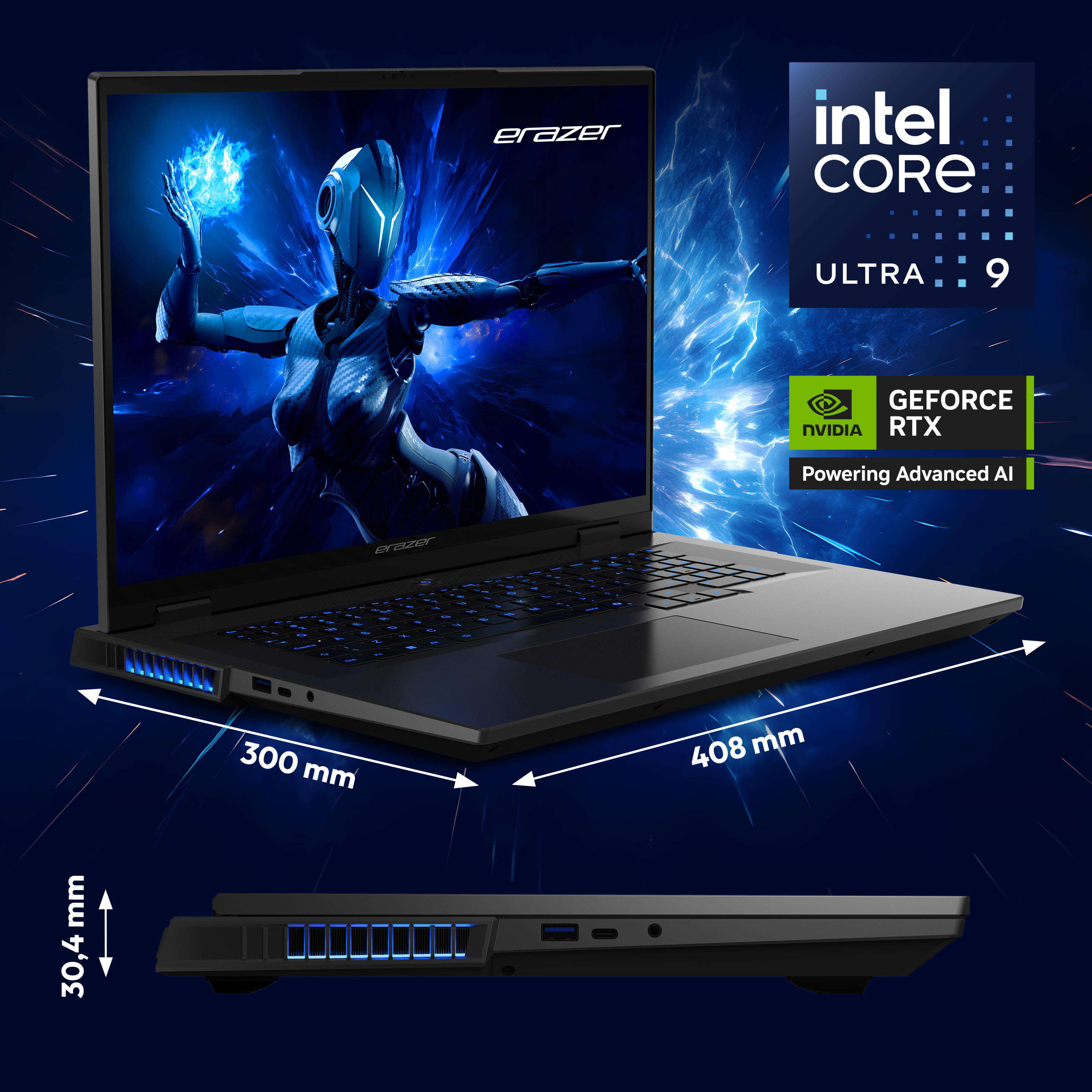 Laptop mit schwarzem Display und blauem Licht, mit Dimensionsangaben.