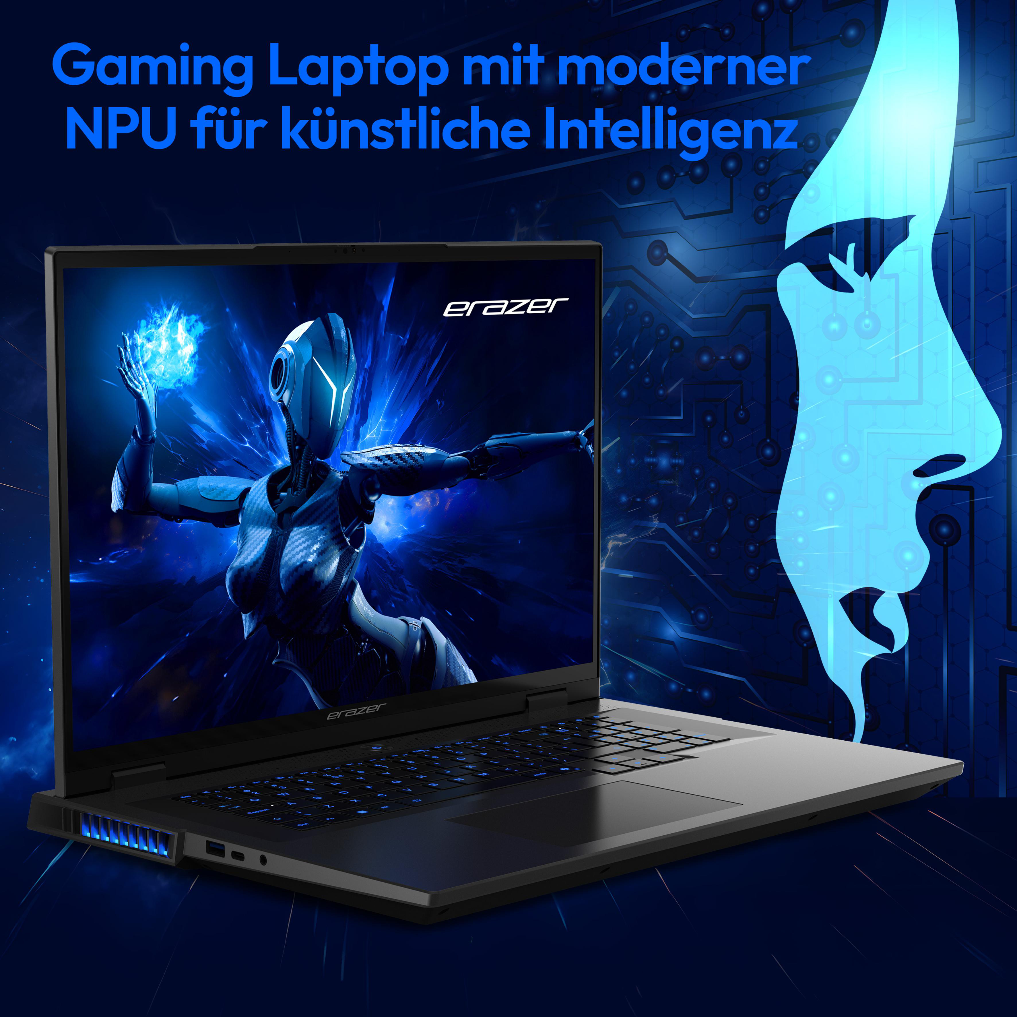 Gaming-Laptop mit futuristischer Illustration auf dem Bildschirm und blauem Hintergrund.