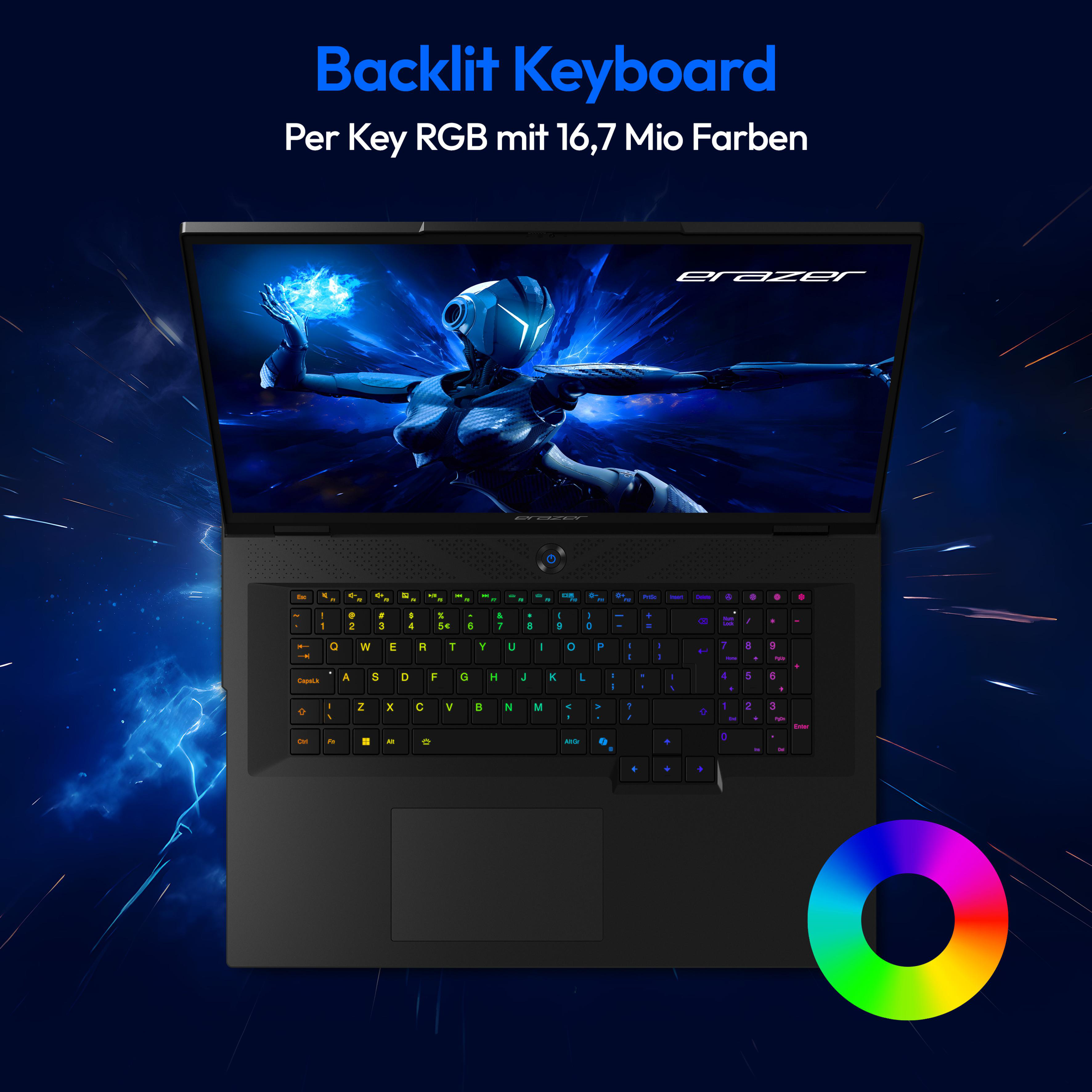Ein Laptop mit einer hintergrundbeleuchteten Tastatur, die eine farbenfrohe Lichtanzeige mit einem Farbring am unteren Rand zeigt.