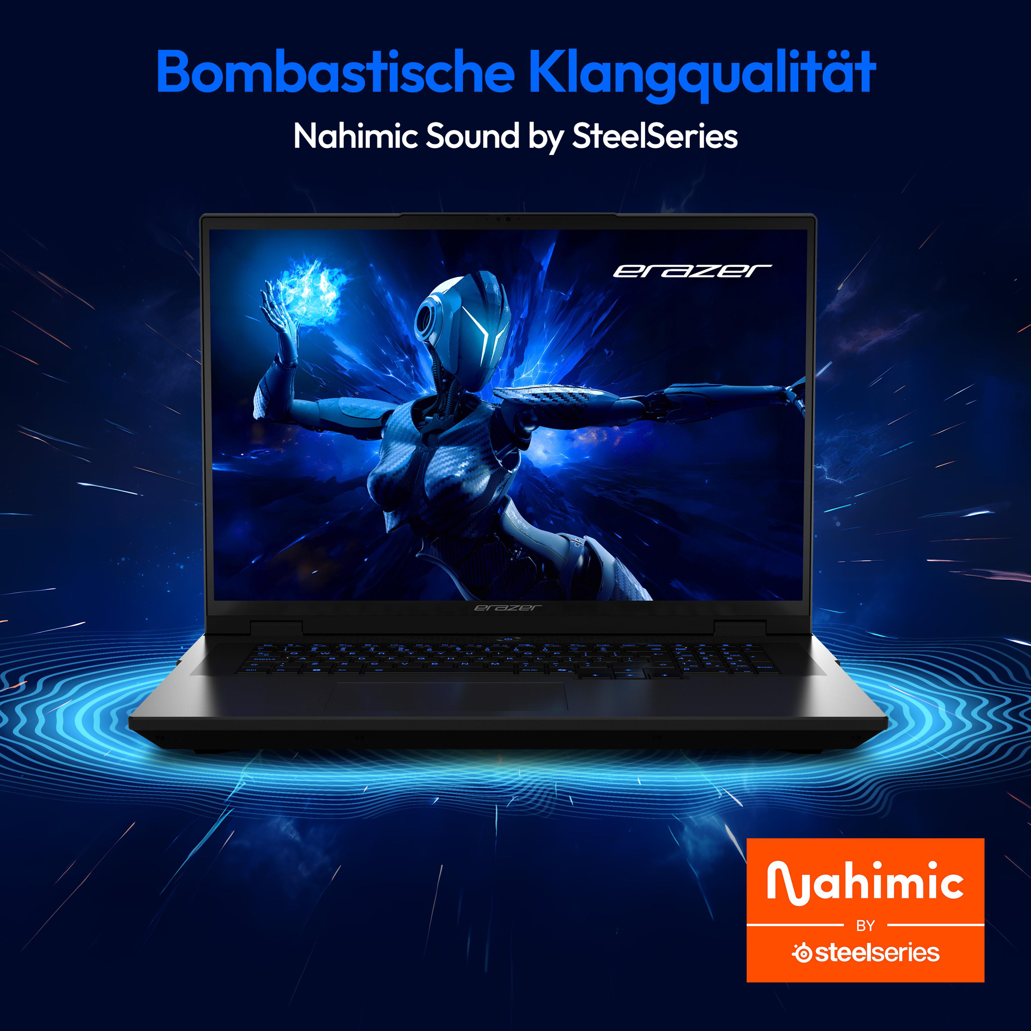 Laptopbildschirm mit einem Spiel mit futuristischem Charakter, blauen Energieeffekten und Text oben.