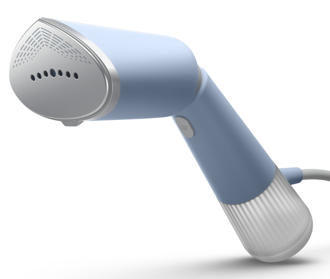 Un vaporizador de mano azul claro con frontal plateado y depósito de agua transparente blanco.