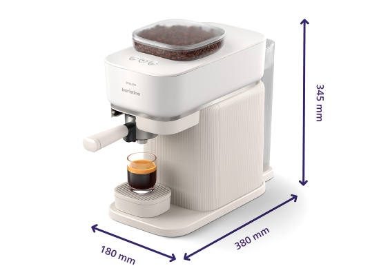 Biały ekspres do kawy z wymiarami, parzący espresso.