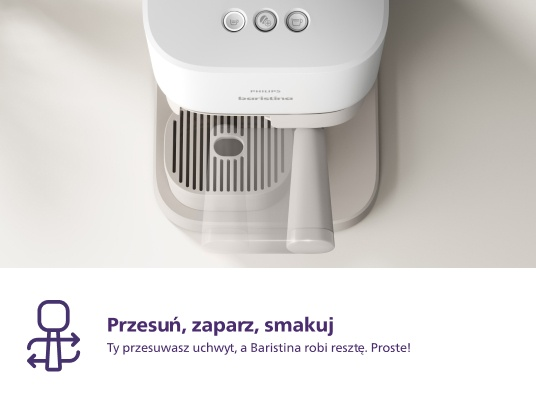 Biały ekspres do kawy, widok z góry. Prosty tekst po polsku: 'Przesuń, zaparz, smakuj'.