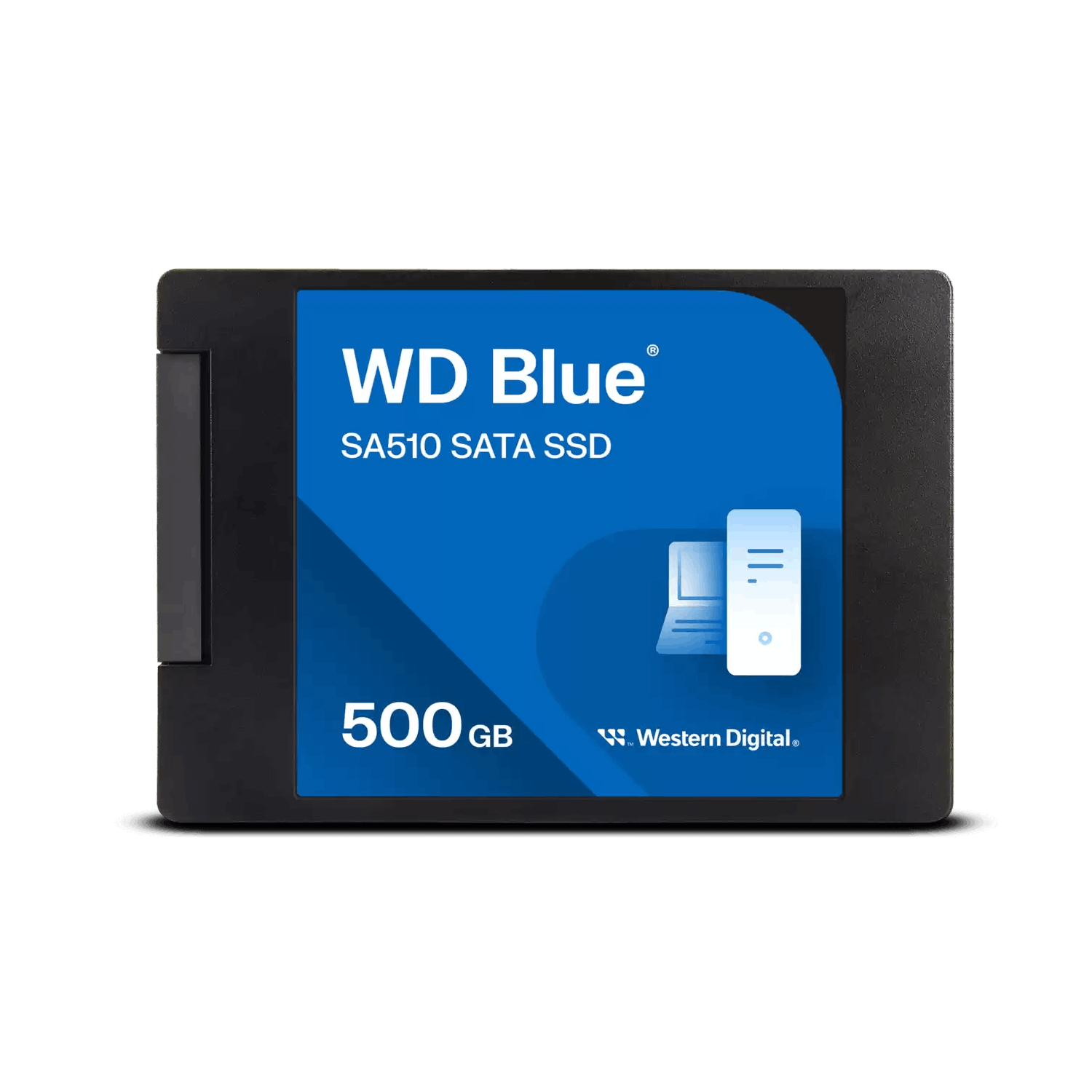 Una unidad SSD WD Blue azul. Es negra con etiqueta y texto azules.