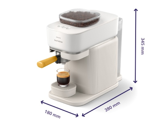 Biały ekspres do kawy Philips Baristina z widocznym kubkiem kawy i wymiarami.