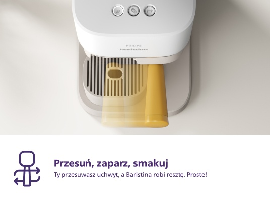 Biały ekspres do kawy Philips Baristina. Żółty wylot z tekstem poniżej. Białe tło.