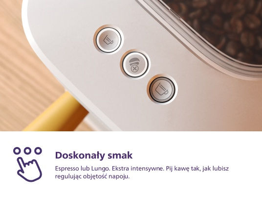 Zbliżenie przycisków ekspresu do kawy, z tekstem o opcjach espresso i lungo.