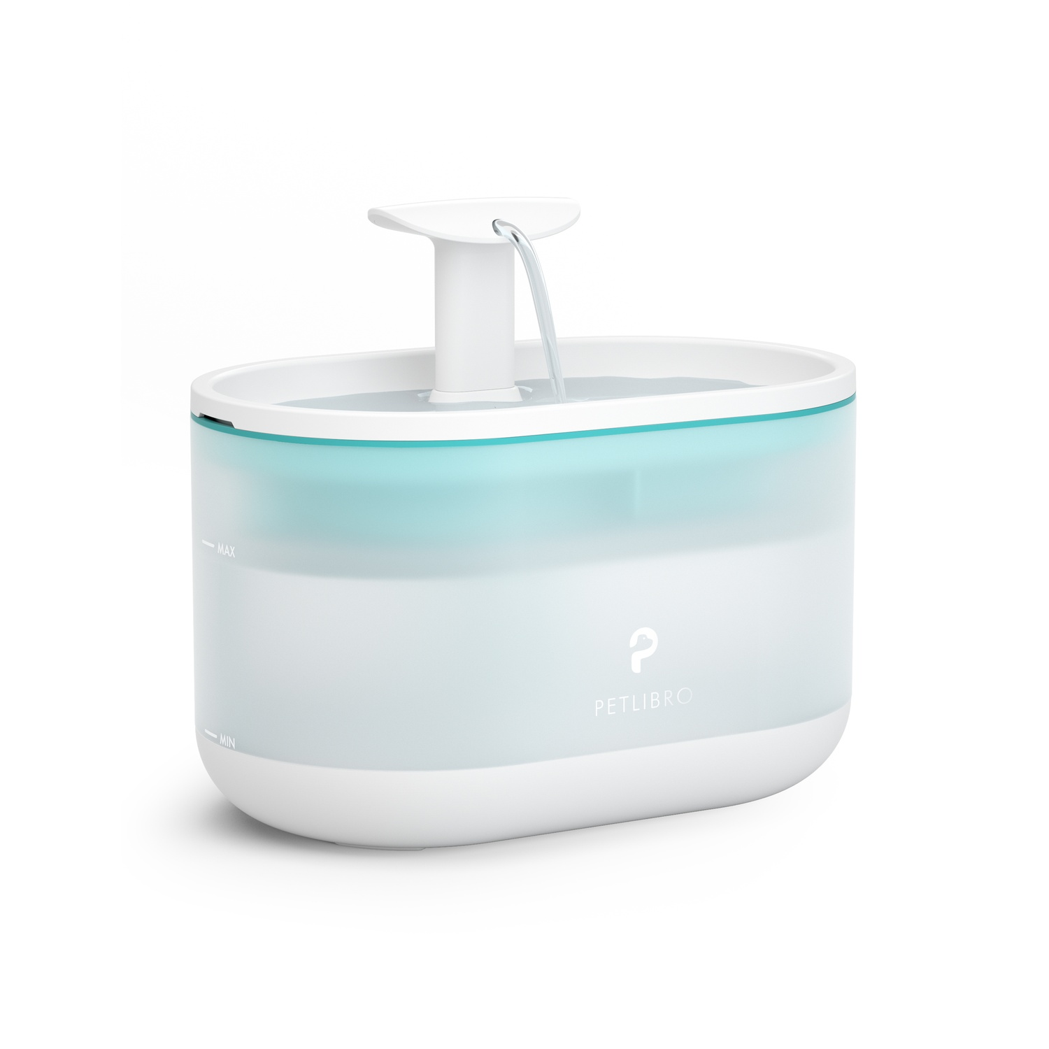 White pet water fountain. Water flows from a spout into a reservoir. The brand is visible.