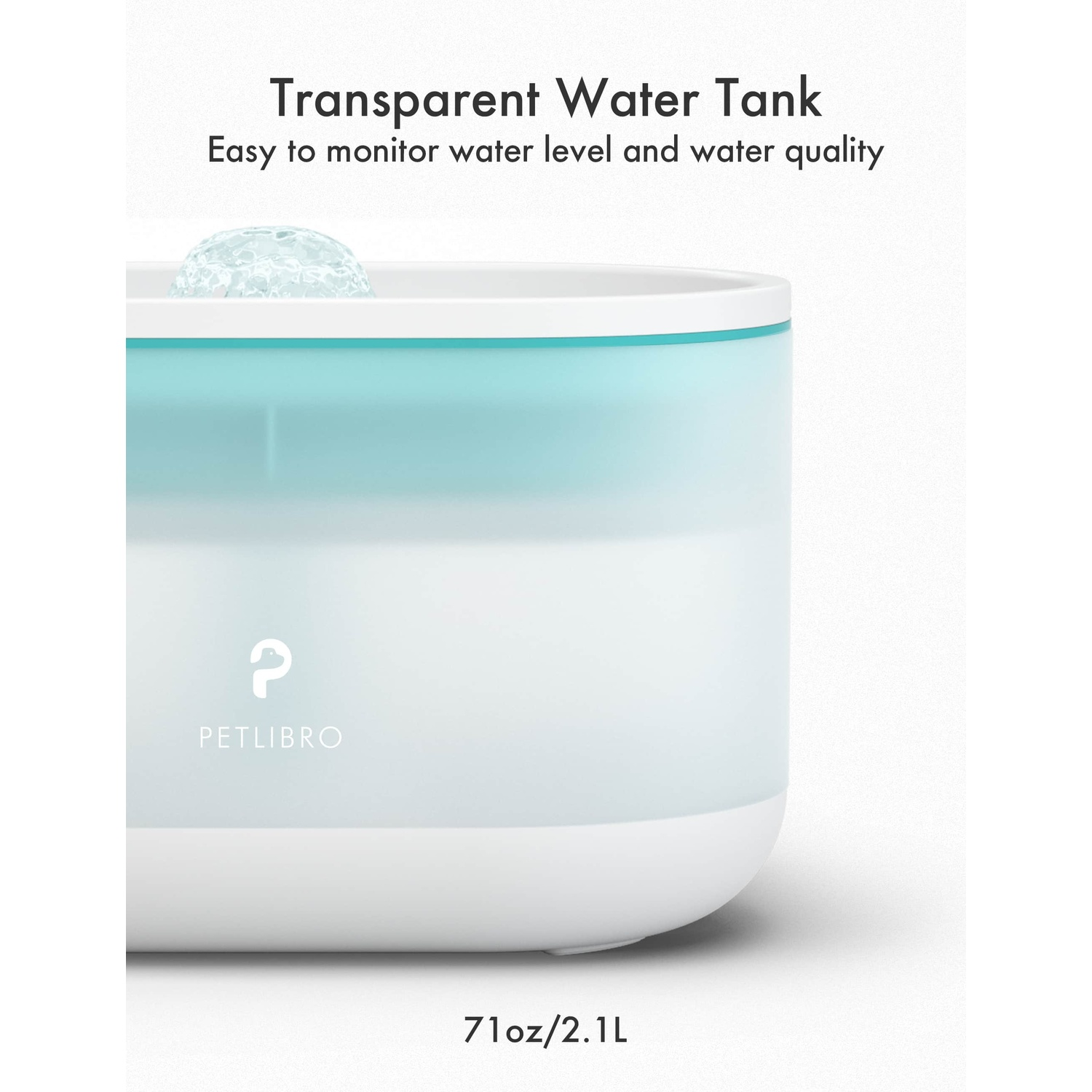 Close-up of a transparent water tank, with a blue top. The tank has a white base and the brand PETLIBRO is visible.
