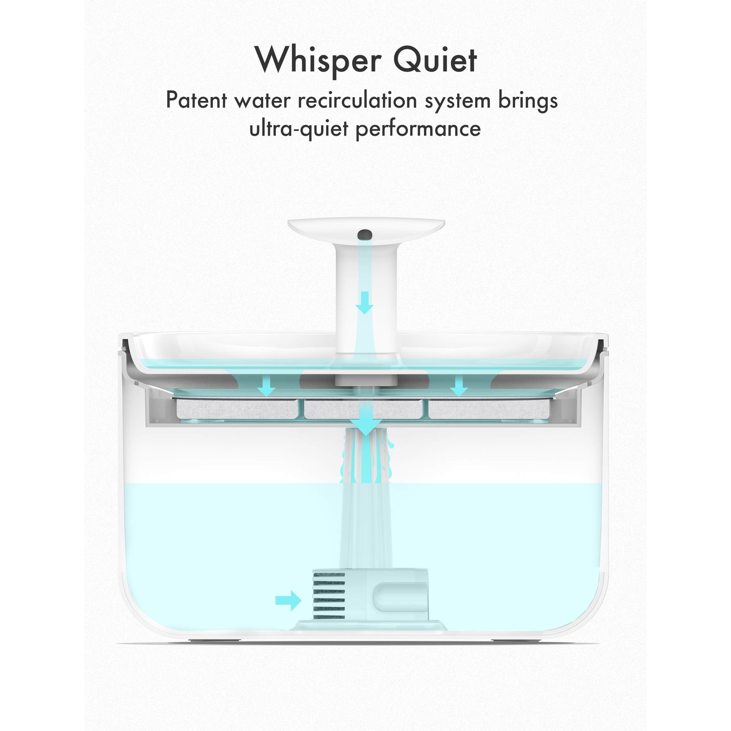 Diagram of a pet water fountain with arrows showing water flow, white and blue.