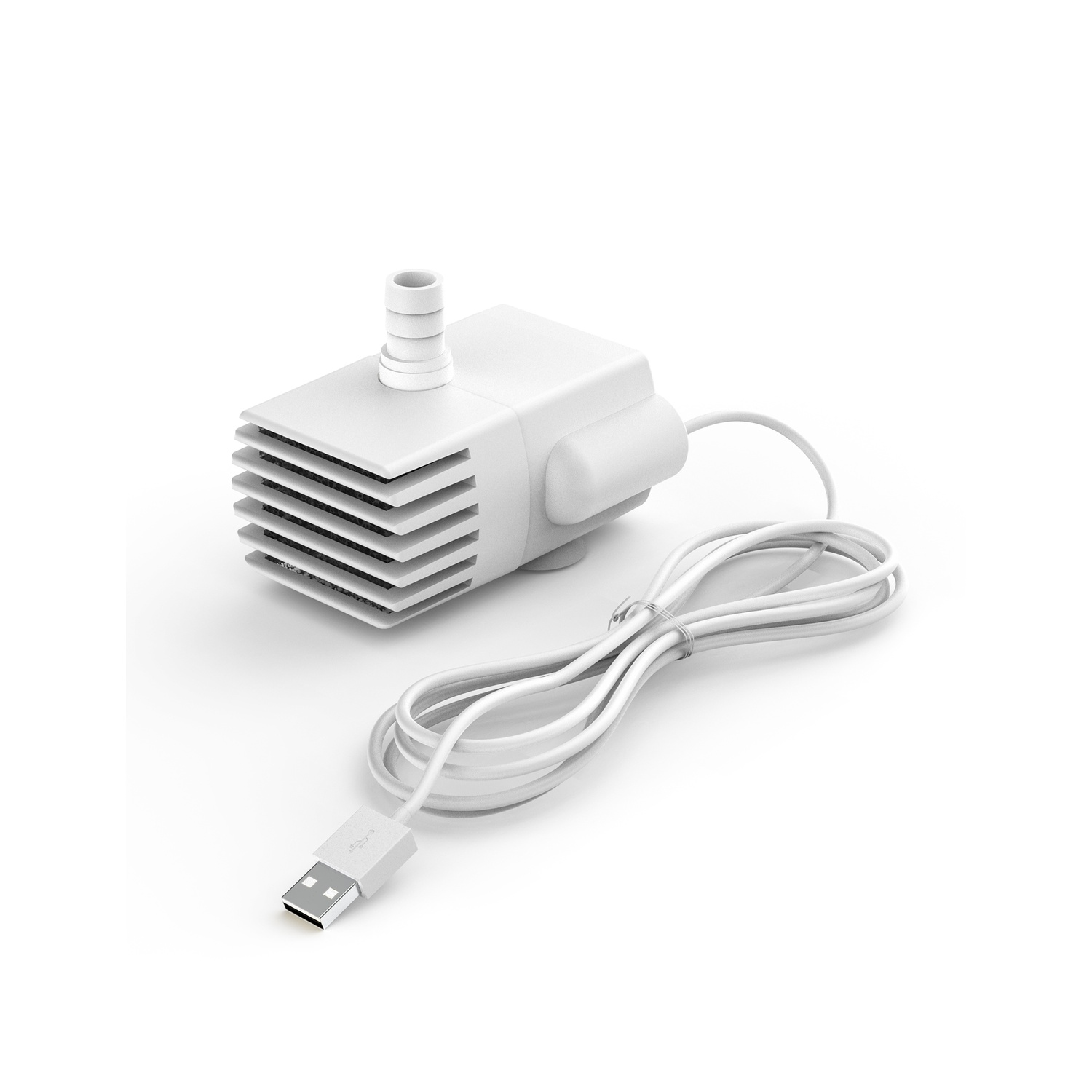 White water pump with a USB cable. The pump has a ribbed design and is on a white background.