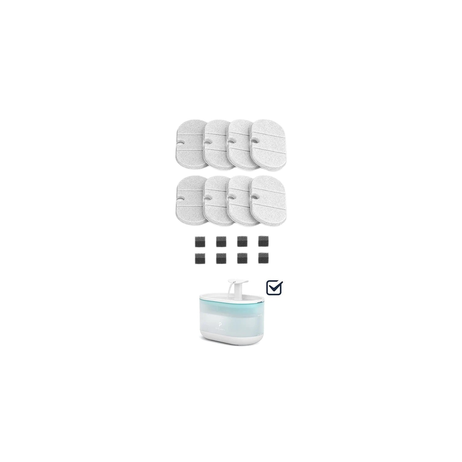 White pet water fountain with replacement filters, charcoal filters, and a check mark.