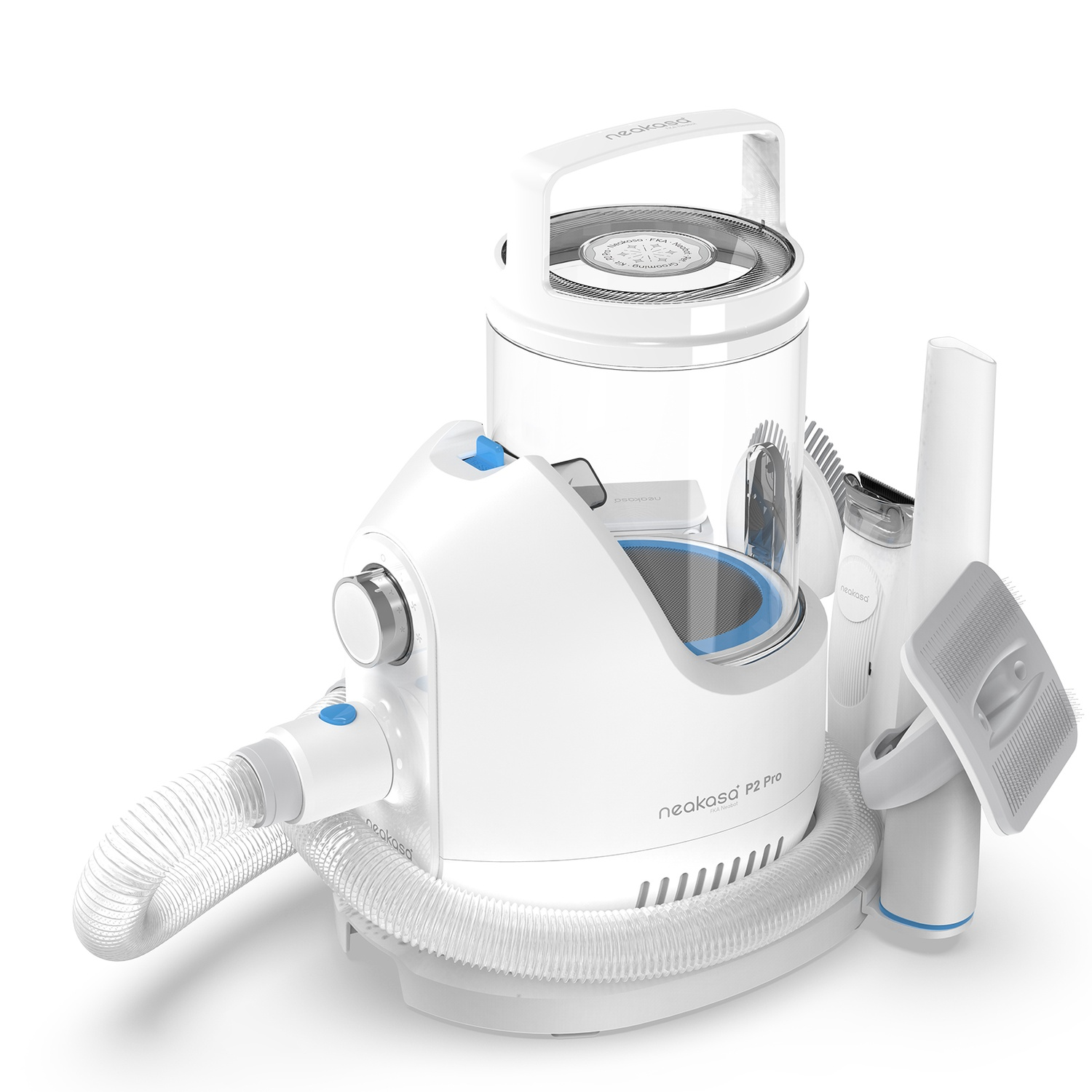 White vacuum cleaner with multiple attachments. Features a large cylindrical body and hose.