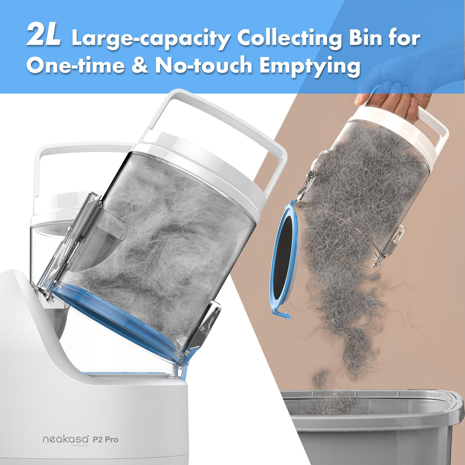 Vacuum cleaner bin emptying into a gray trash can.