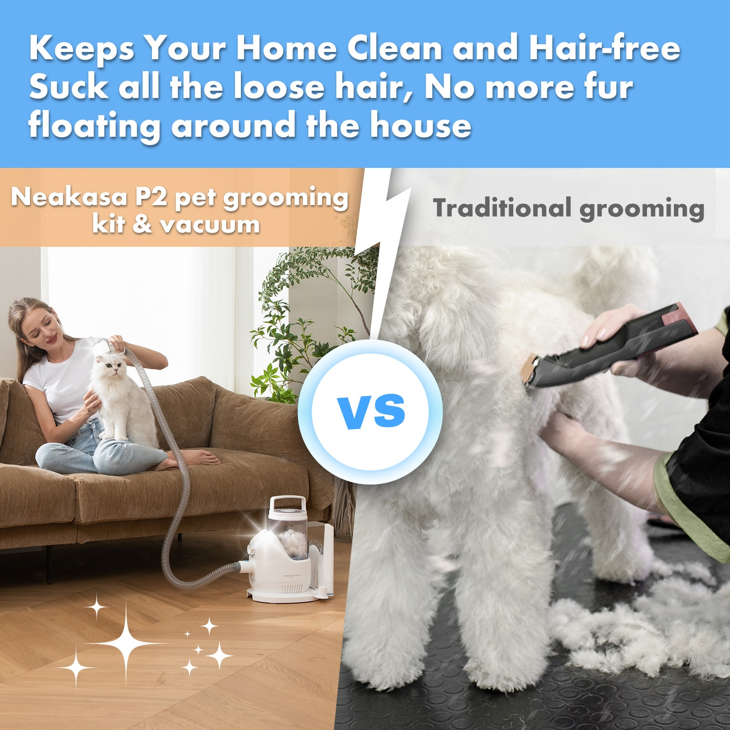 Comparison: pet grooming kit vs traditional grooming. A woman grooming a cat vs a groomer trimming a dog.