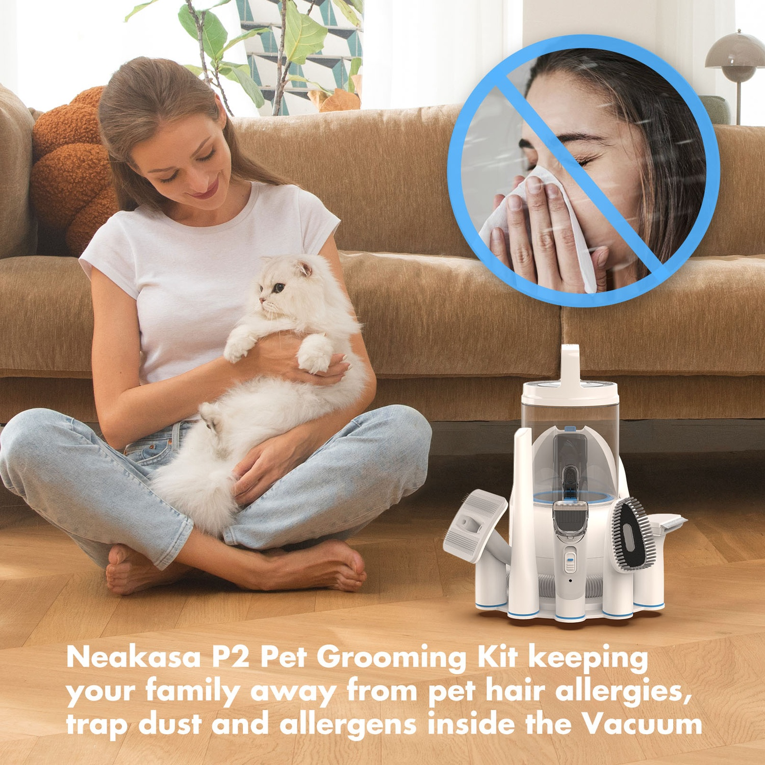 A woman with a cat and pet grooming kit. Text says 