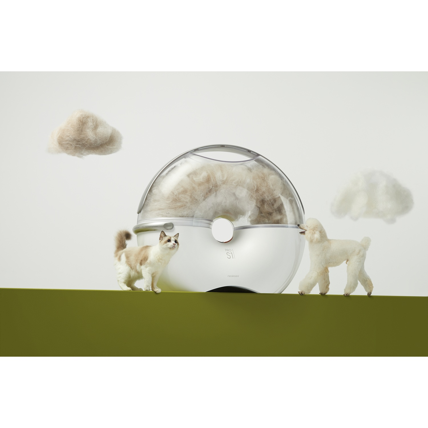 White pet hair dryer with a cat and a dog, plus floating clouds of removed fur.