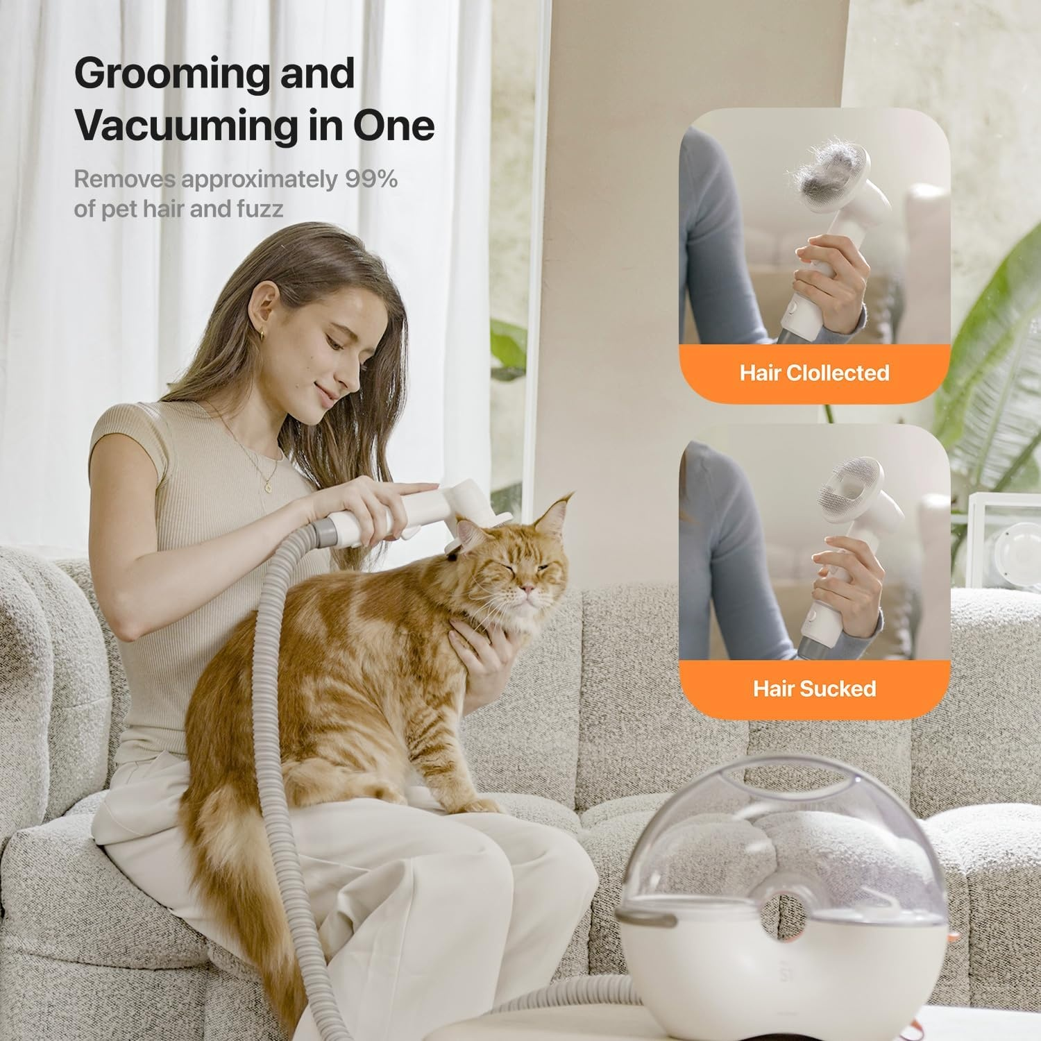 Woman grooming cat, with collected and sucked hair images.