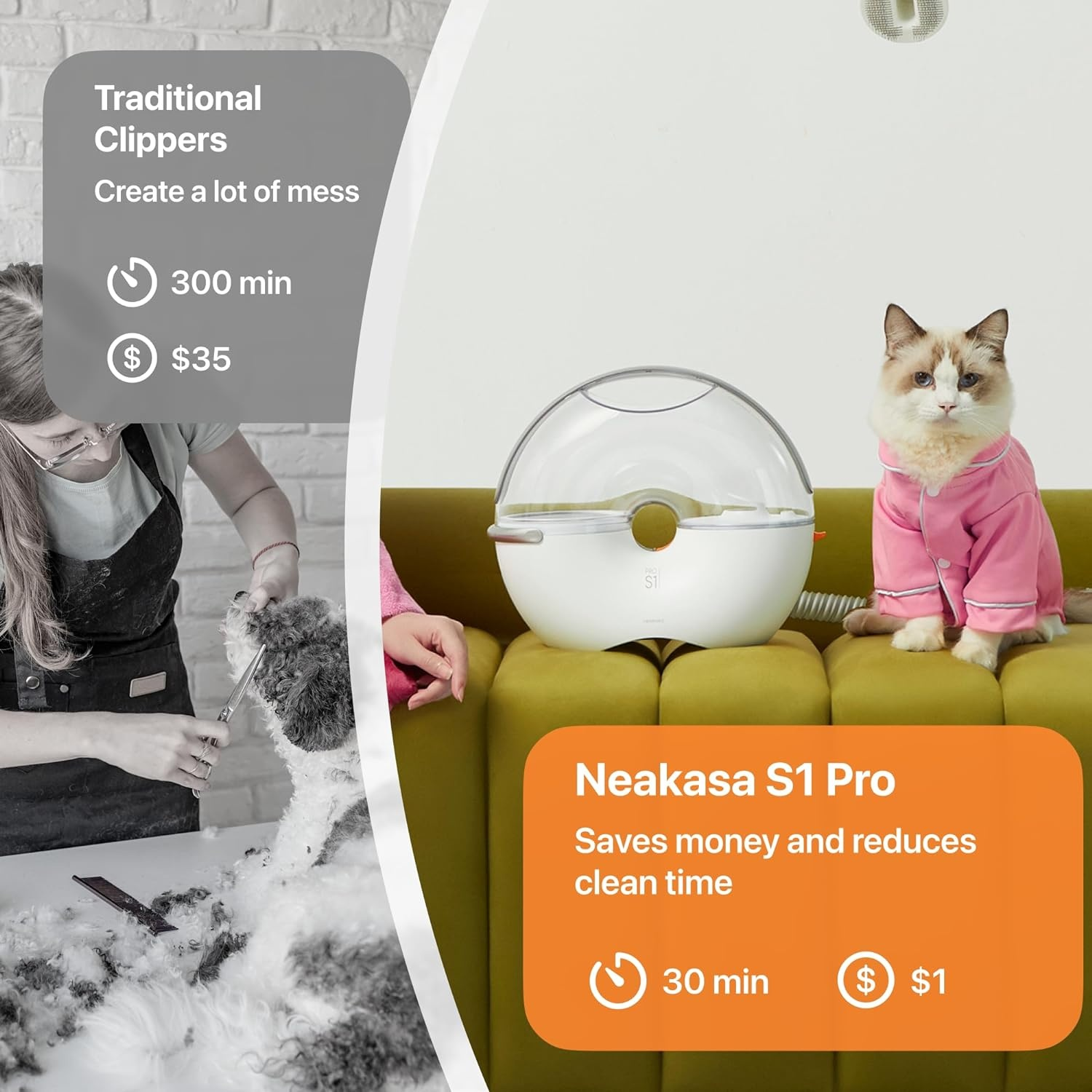 A cat in a pink outfit and a pet grooming machine. Comparison between traditional clippers and Neakasa.