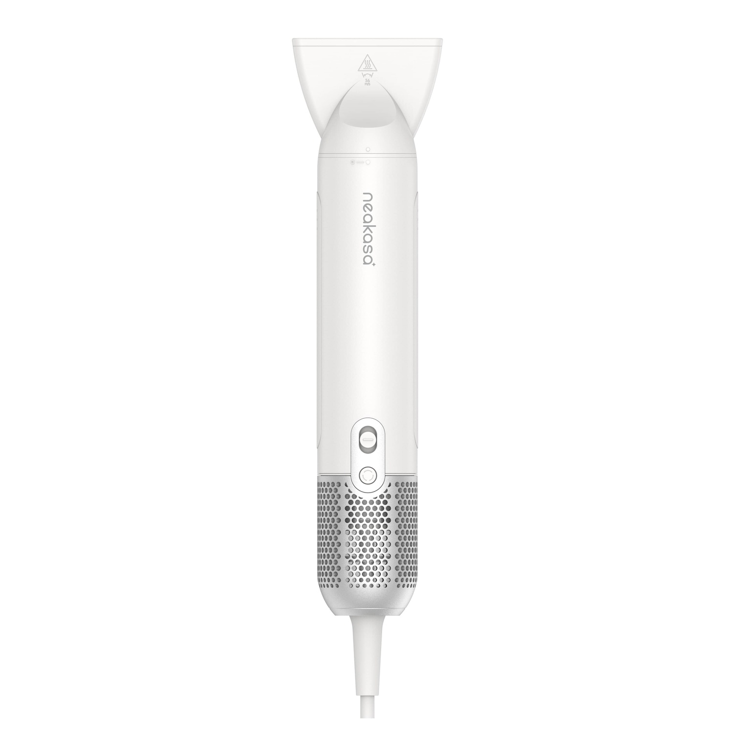 White hair dryer with a long handle, nozzle, and silver details.