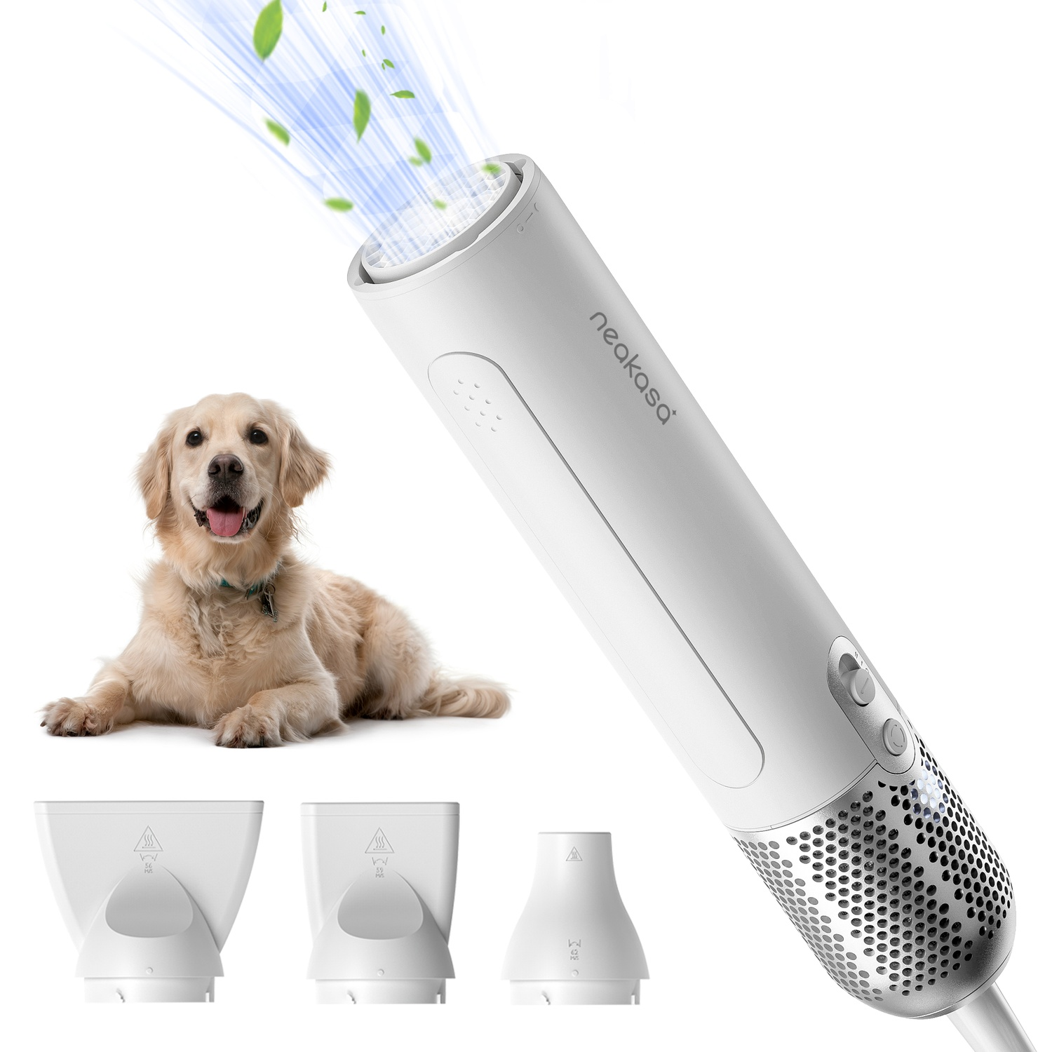 White pet dryer with dog. Dog lying down. Three dryer head attachments. White background, leaves blowing.