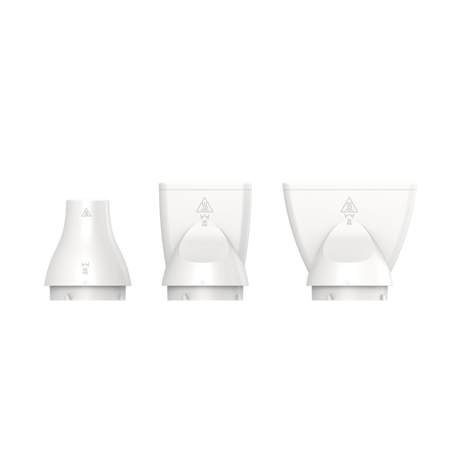 Three white hair dryer attachments of varying shapes and sizes on a white background.