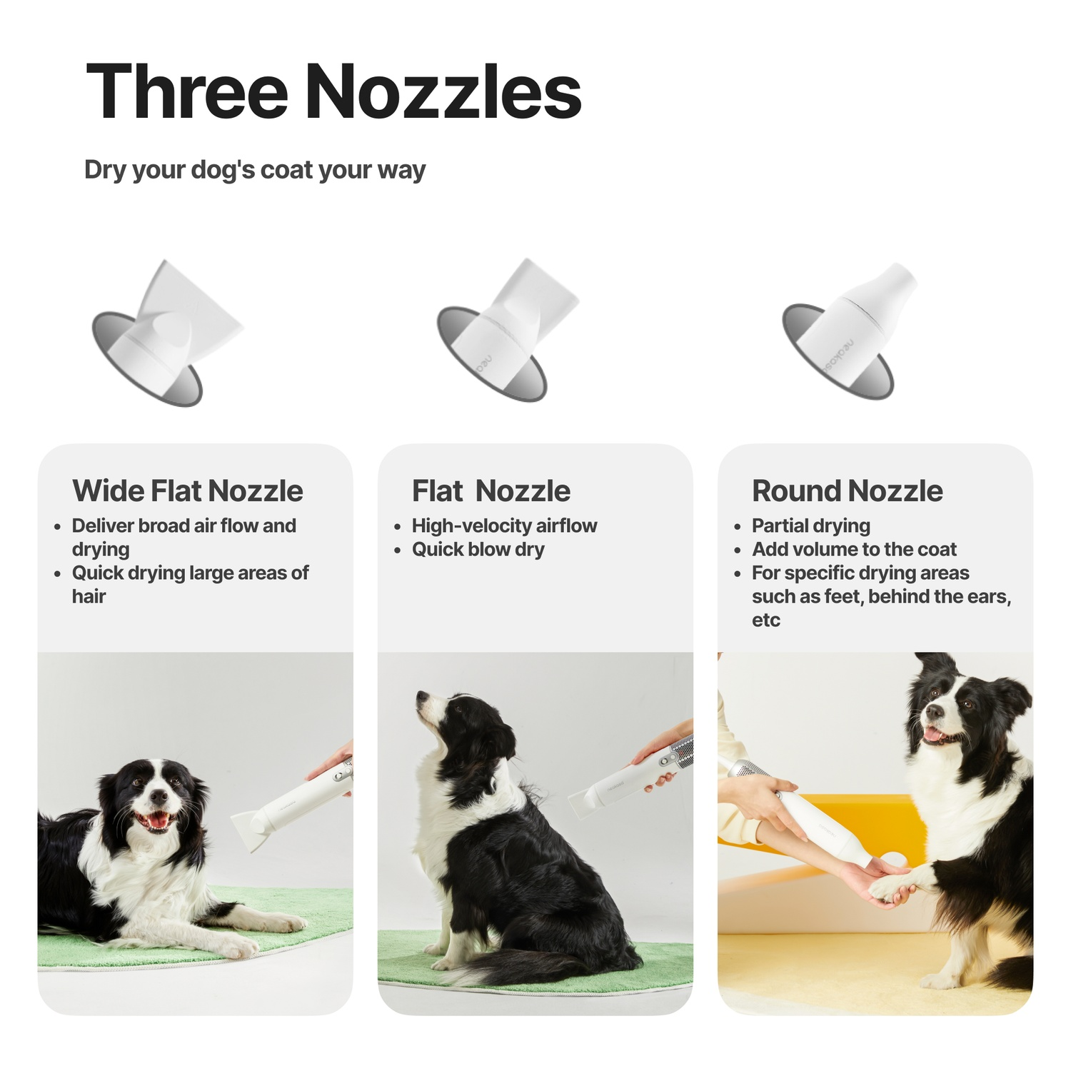 Three dog dryer nozzles, each with a dog being dried, and text describing their use.