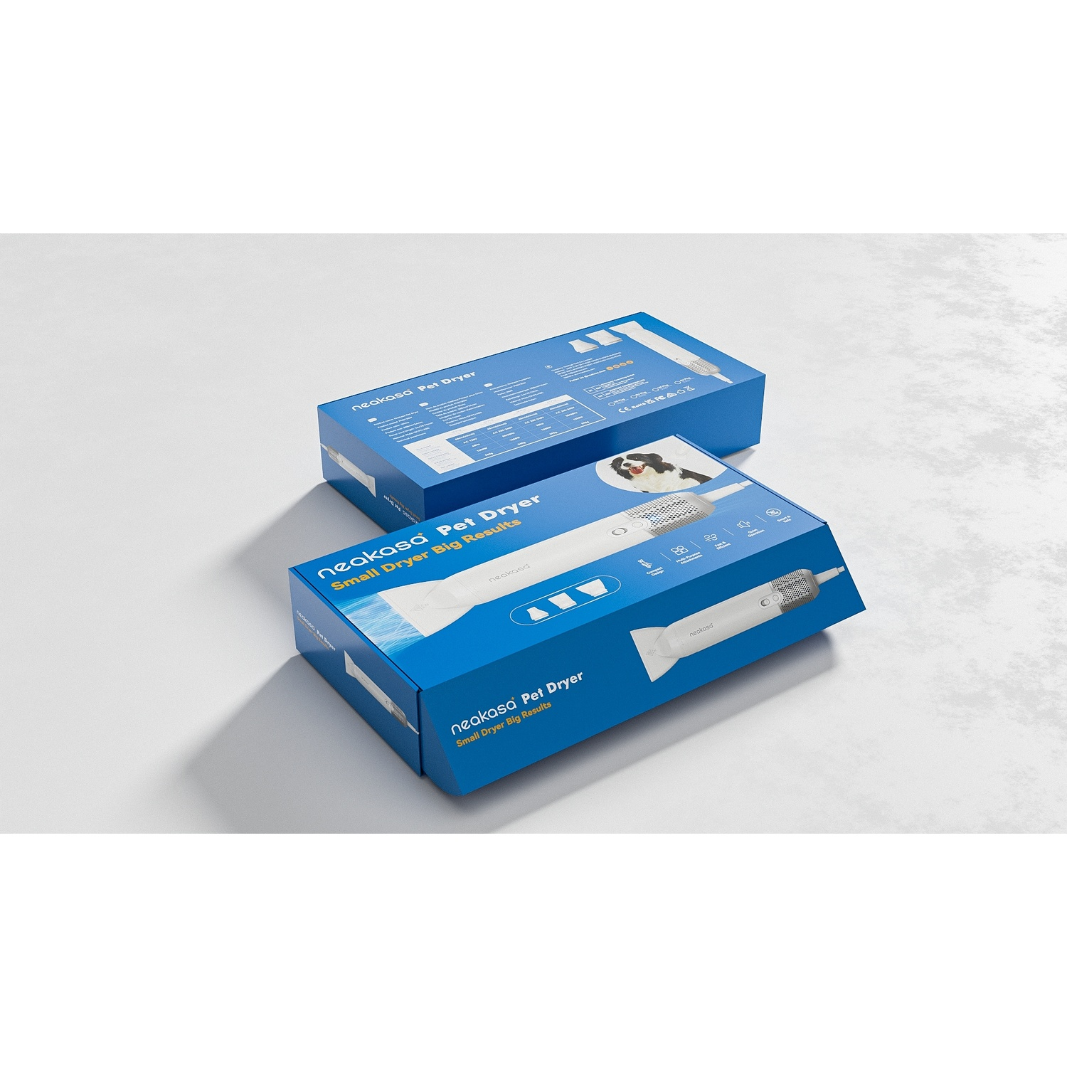 Two blue boxes of a pet dryer. The boxes have text and images related to the product.