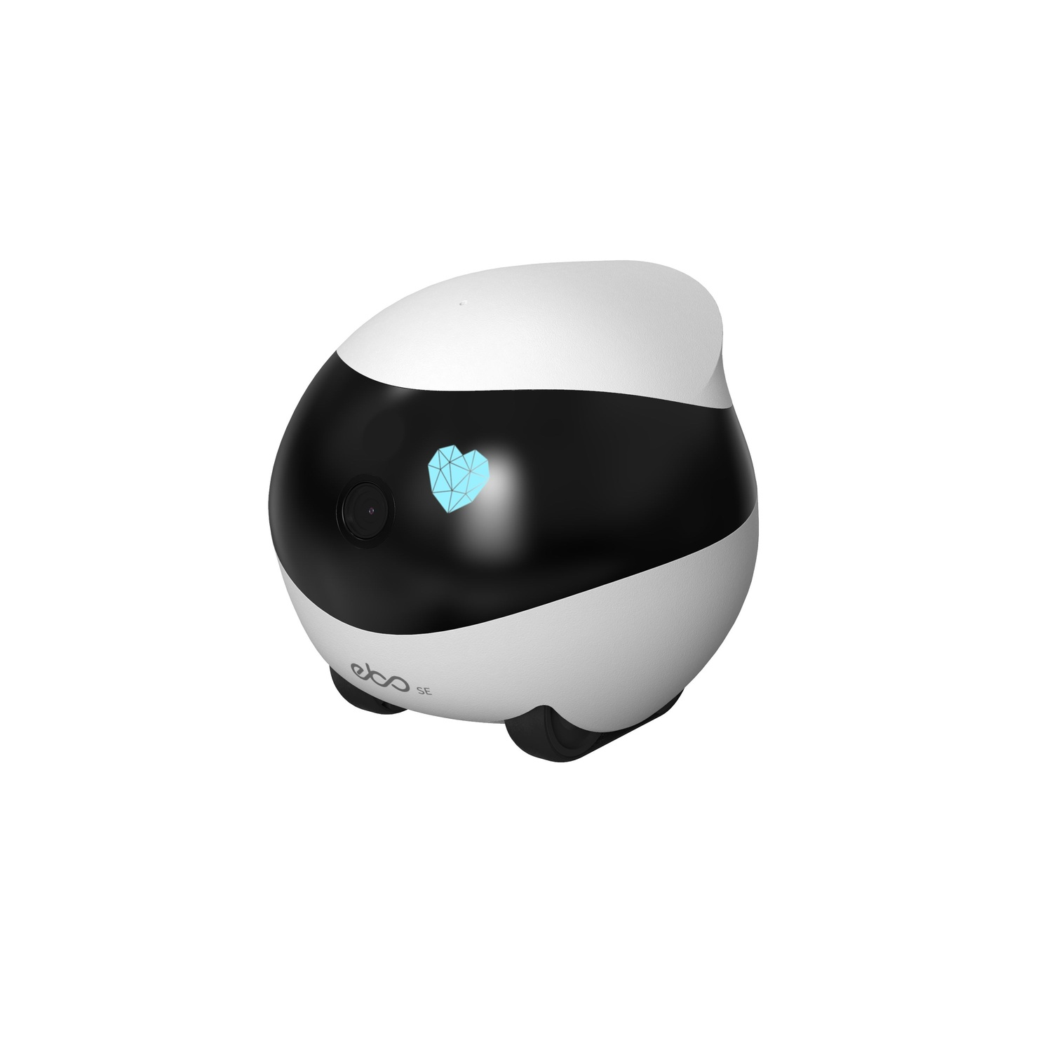 A white and black robot toy with a simple design, sitting on a white surface.