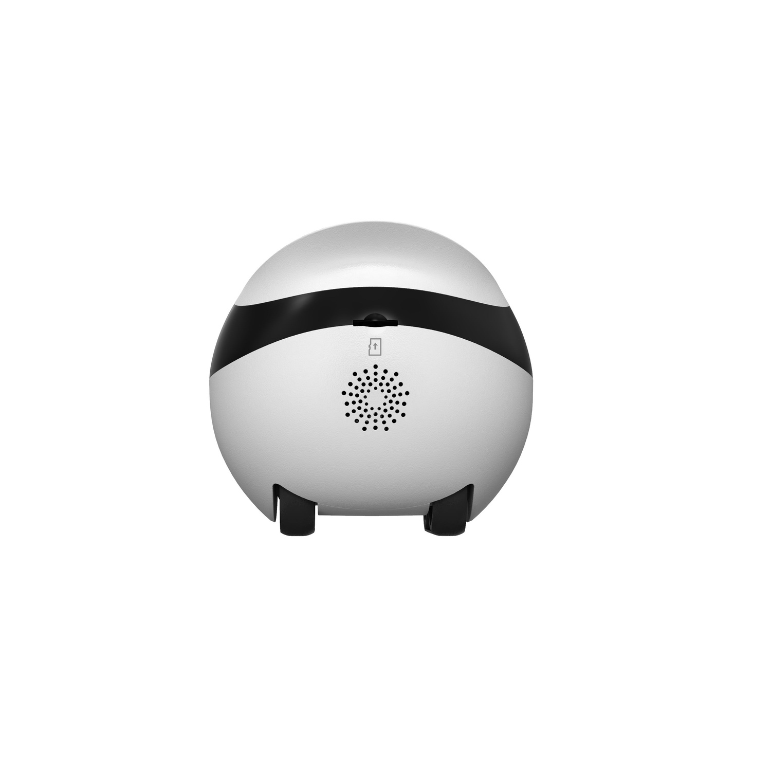 White, spherical device with a black stripe, on a white background.