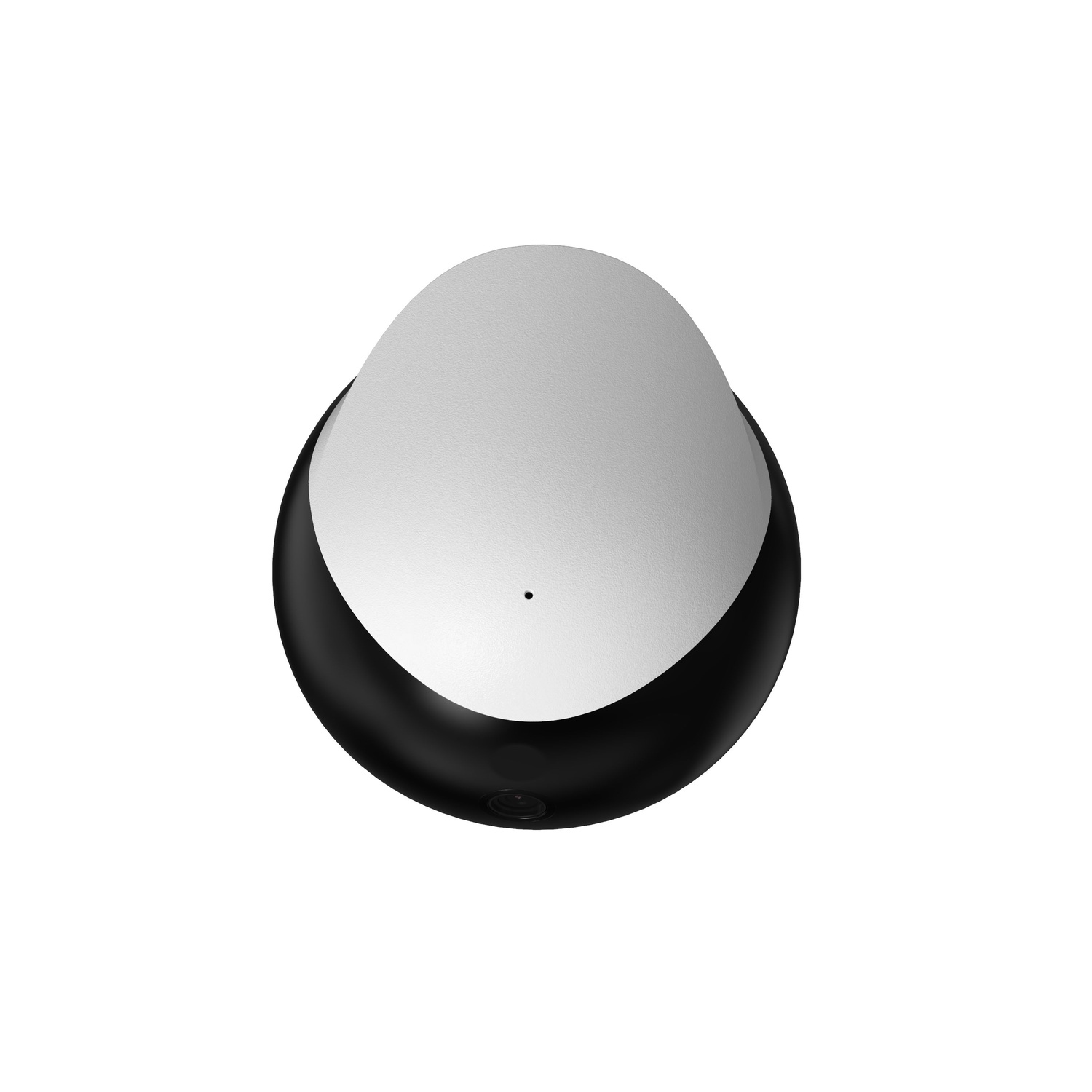A black and white product, that looks like a lid, with a small black dot. The background is white.