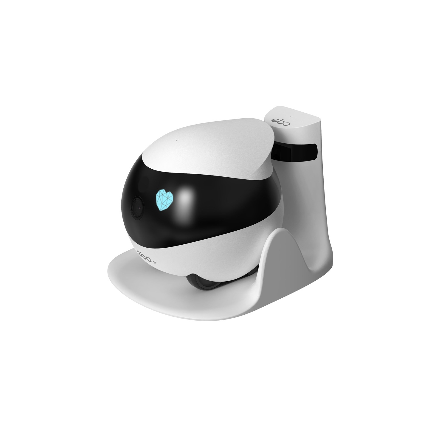 Robot cleaner on a white base. Black and white design with blue heart.