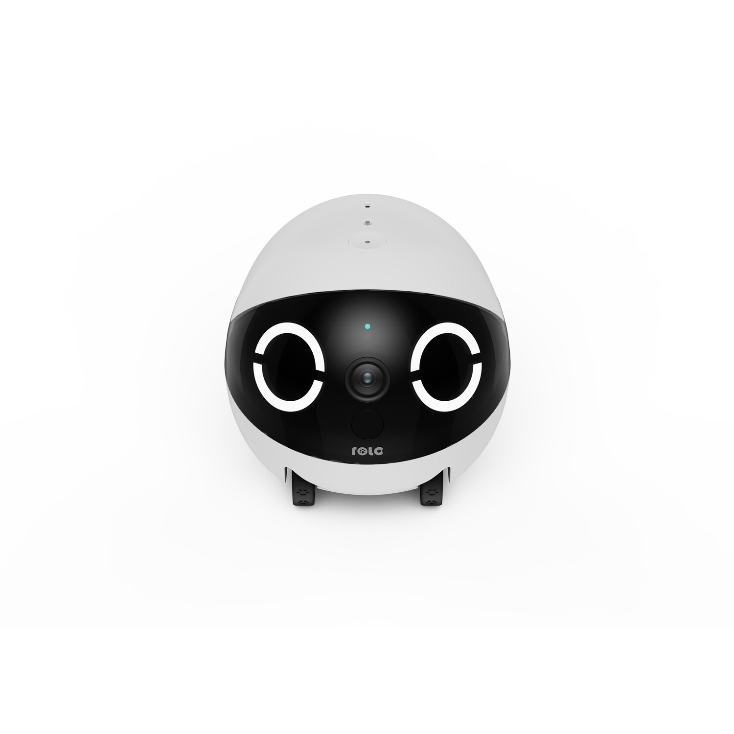 White and black robot with eye-like lights and a camera lens, isolated on white.