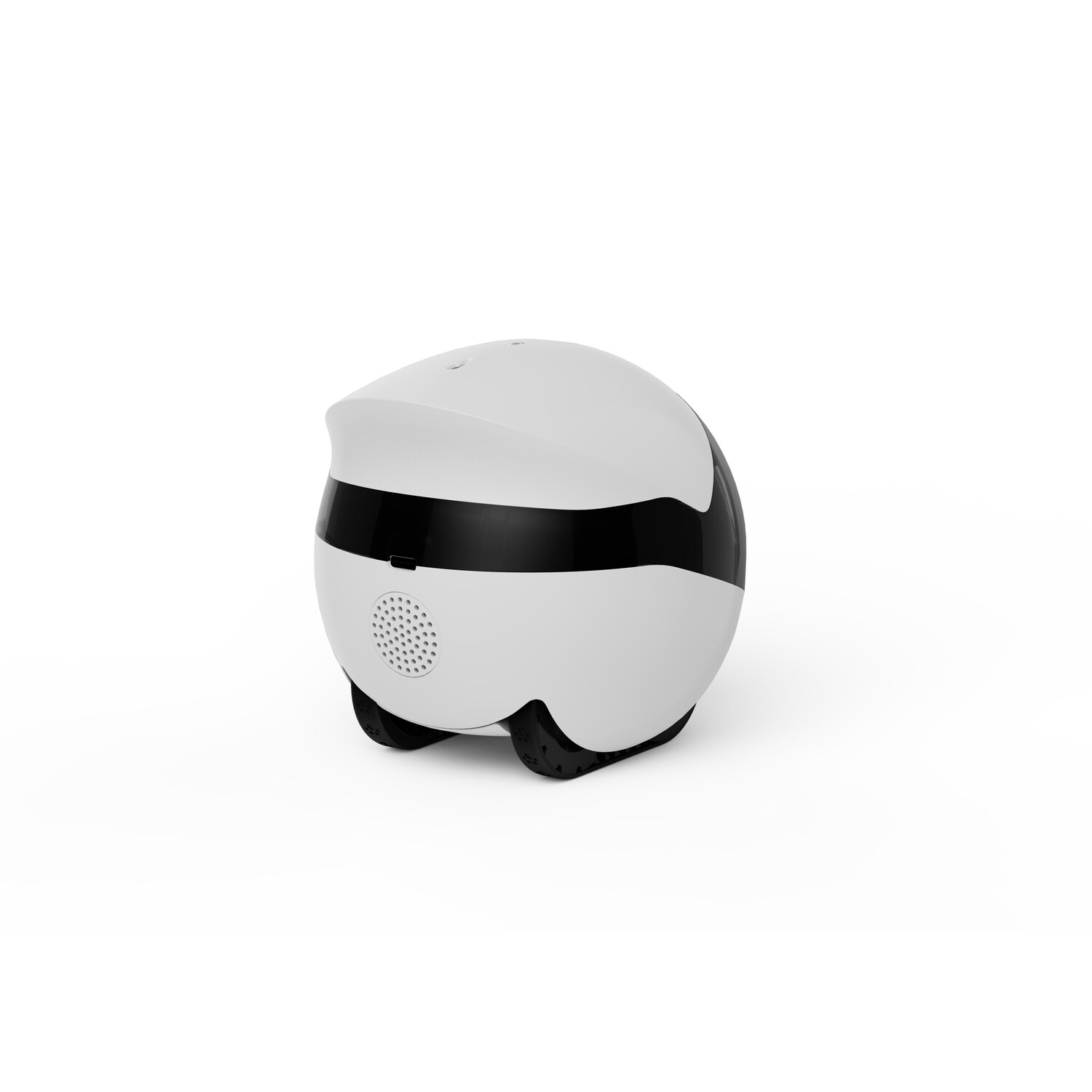 A white robot with black stripes and wheels.
