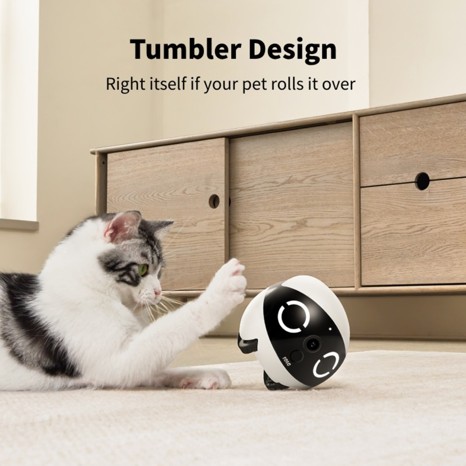 A cat plays with a robot, text says 'Tumbler Design'.