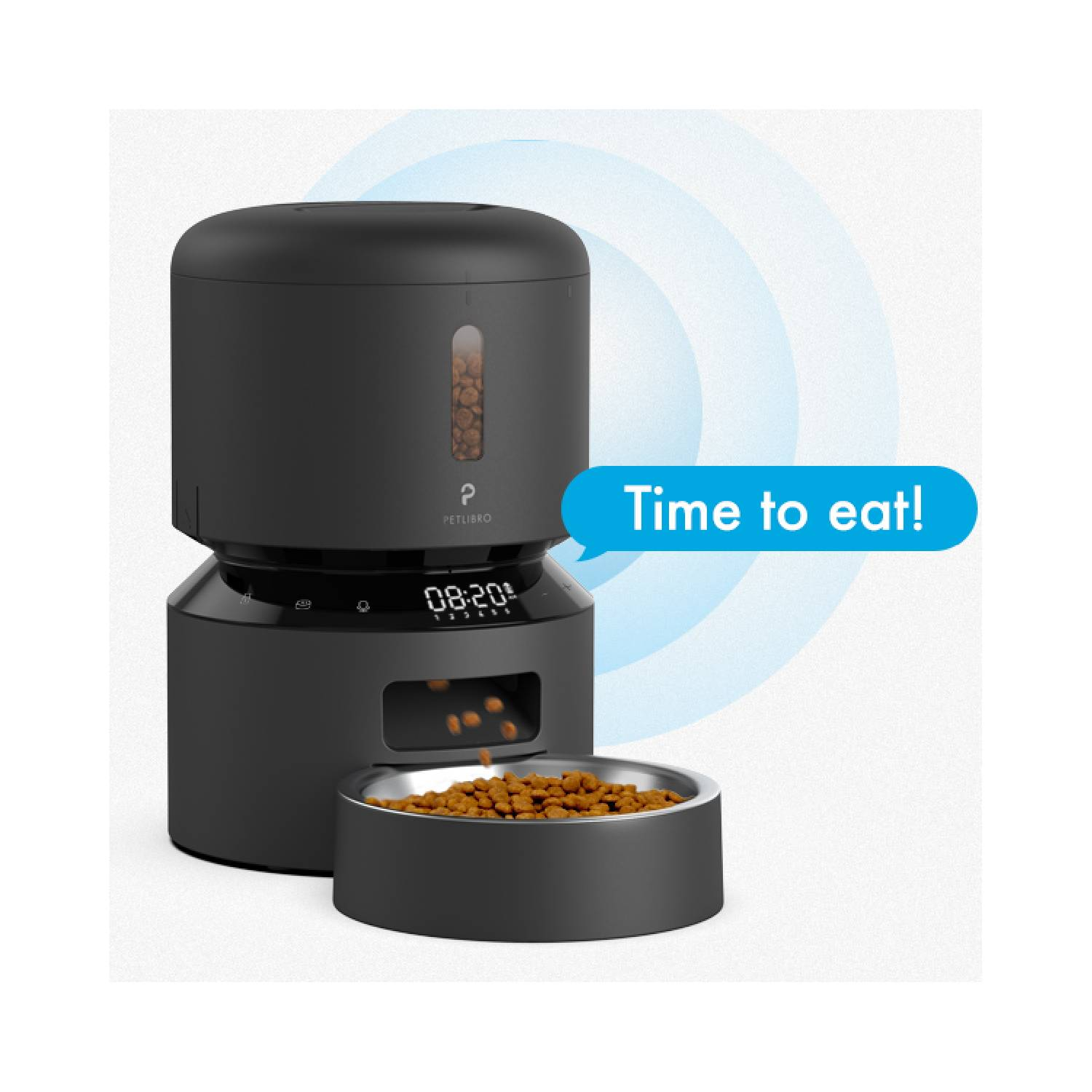Black pet feeder with food in the bowl and a digital display.