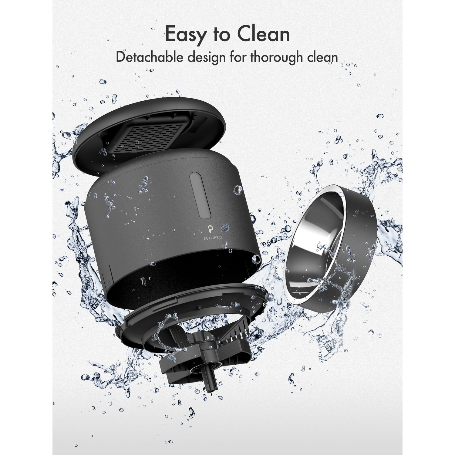 Pet food dispenser with water splashes, exploded view with components separated.