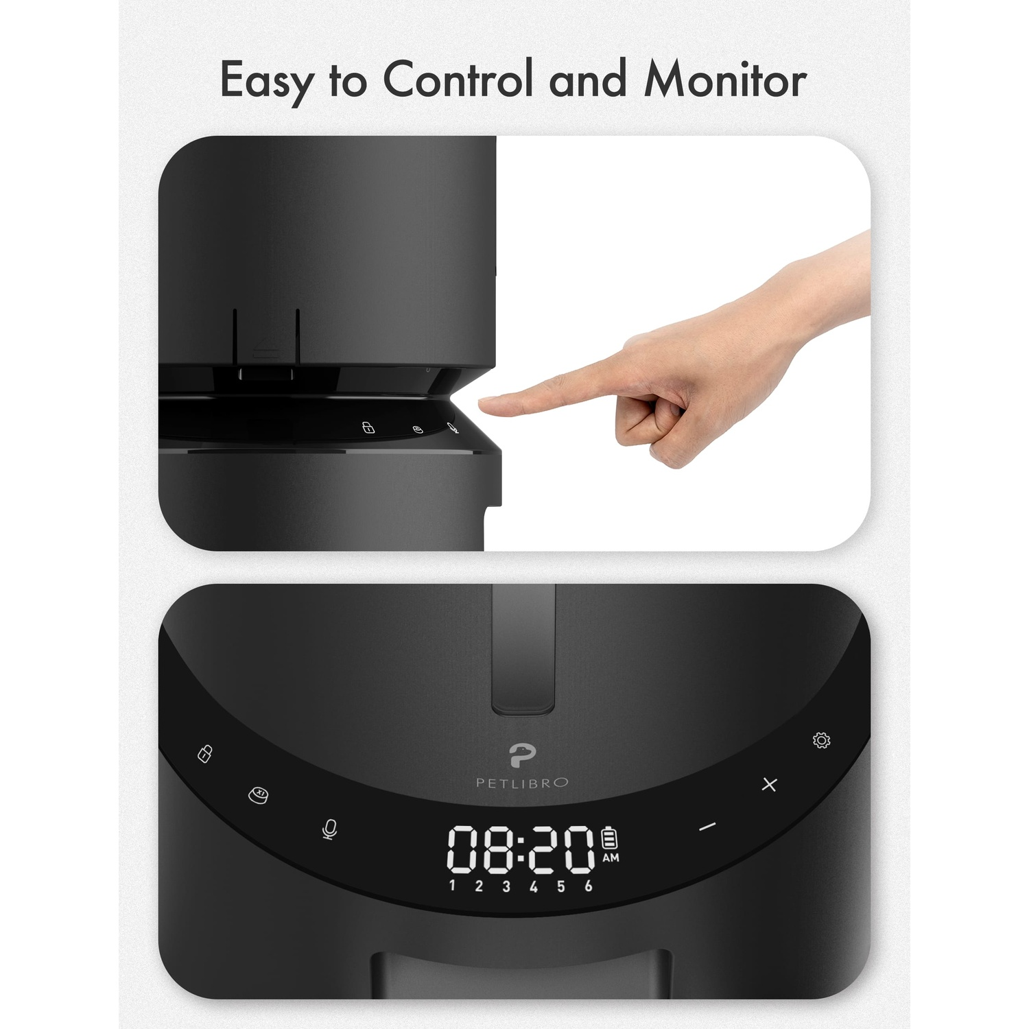 Close-up of a black pet food dispenser, with a hand pressing a button on the device.
