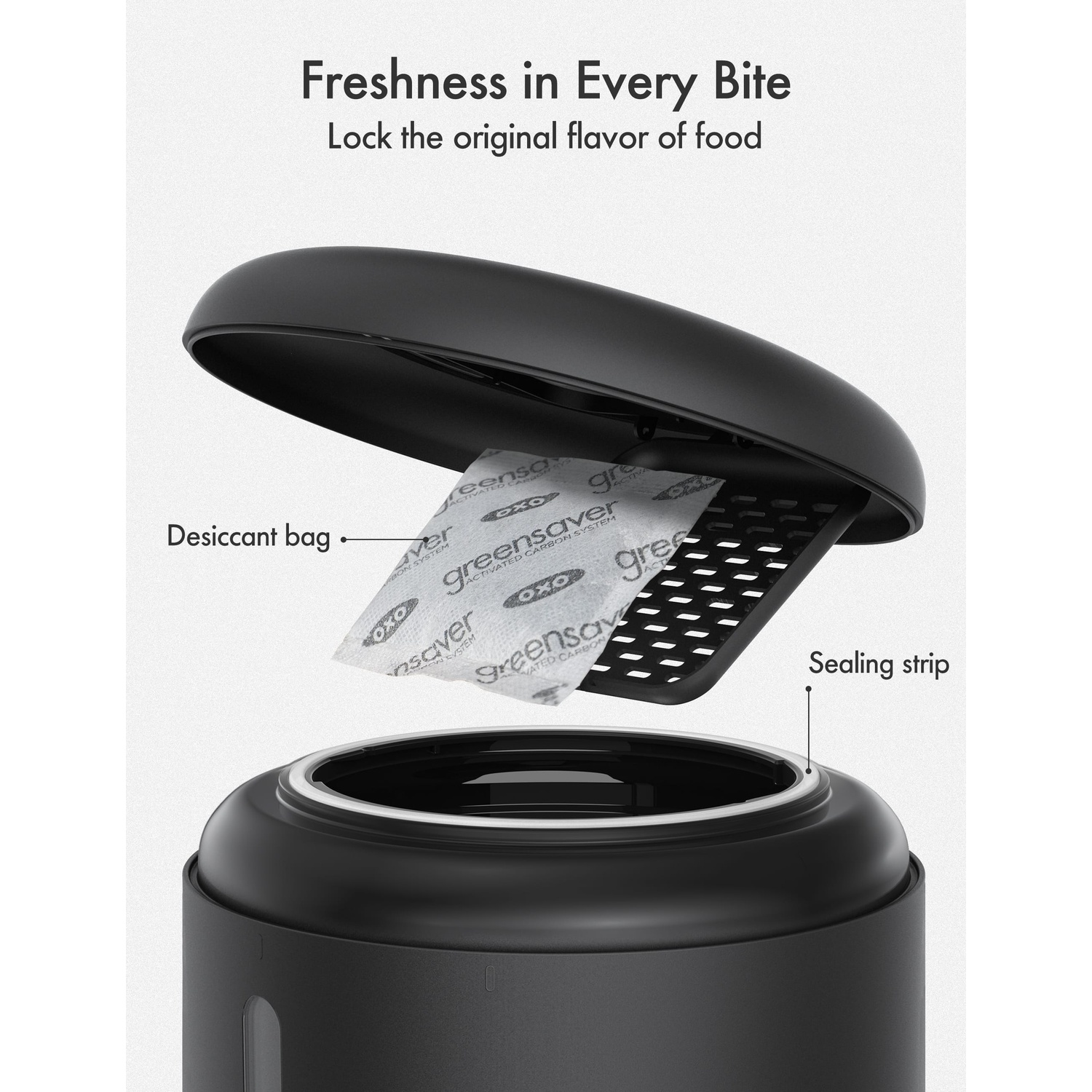 Black food storage container with a white desiccant pack inside.