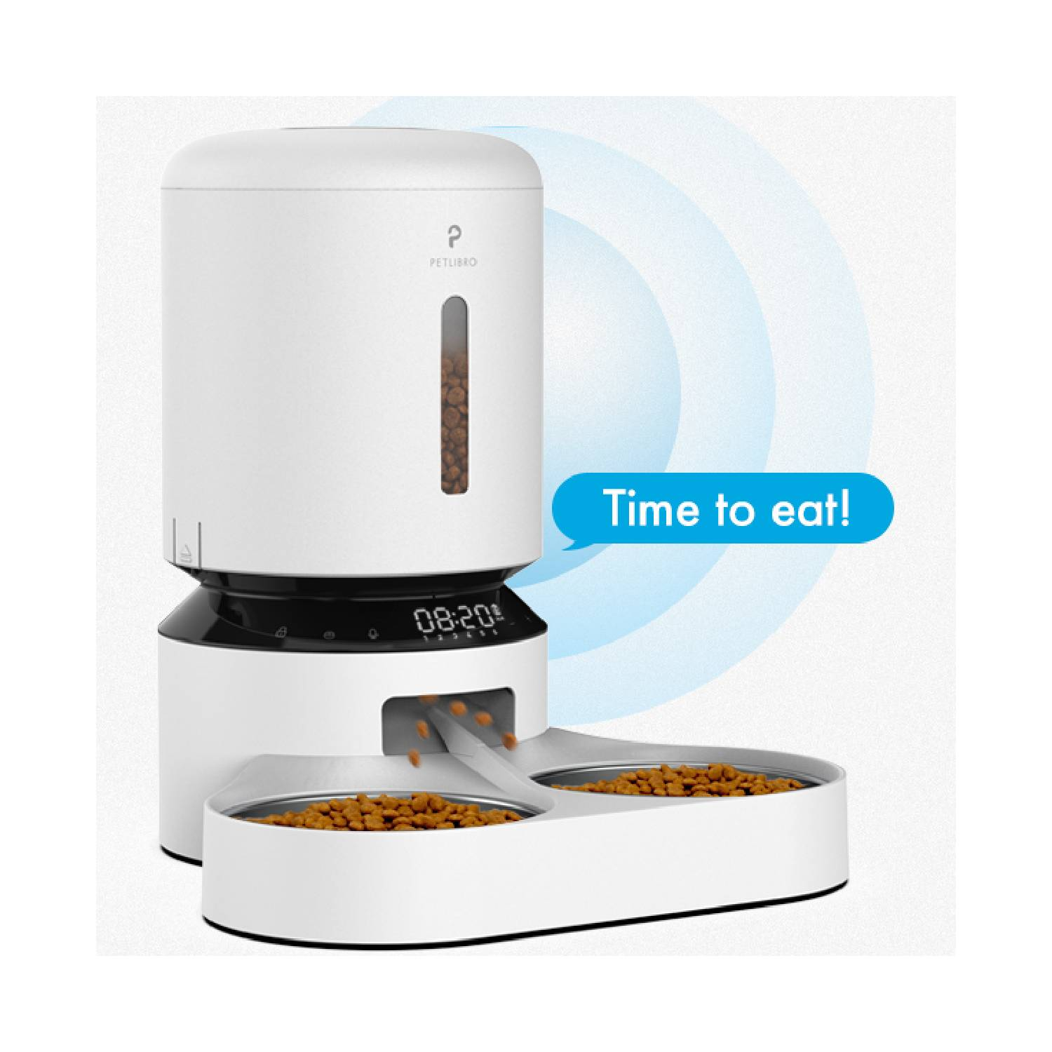 White pet feeder with food, a speech bubble saying, Time to eat!.