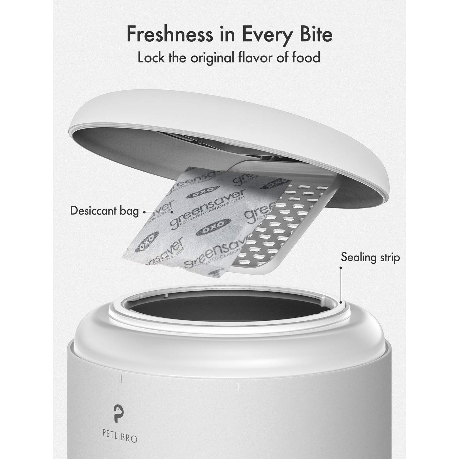 A container with a desiccant bag. A bag is being removed from the container. Text says: Freshness in Every Bite.