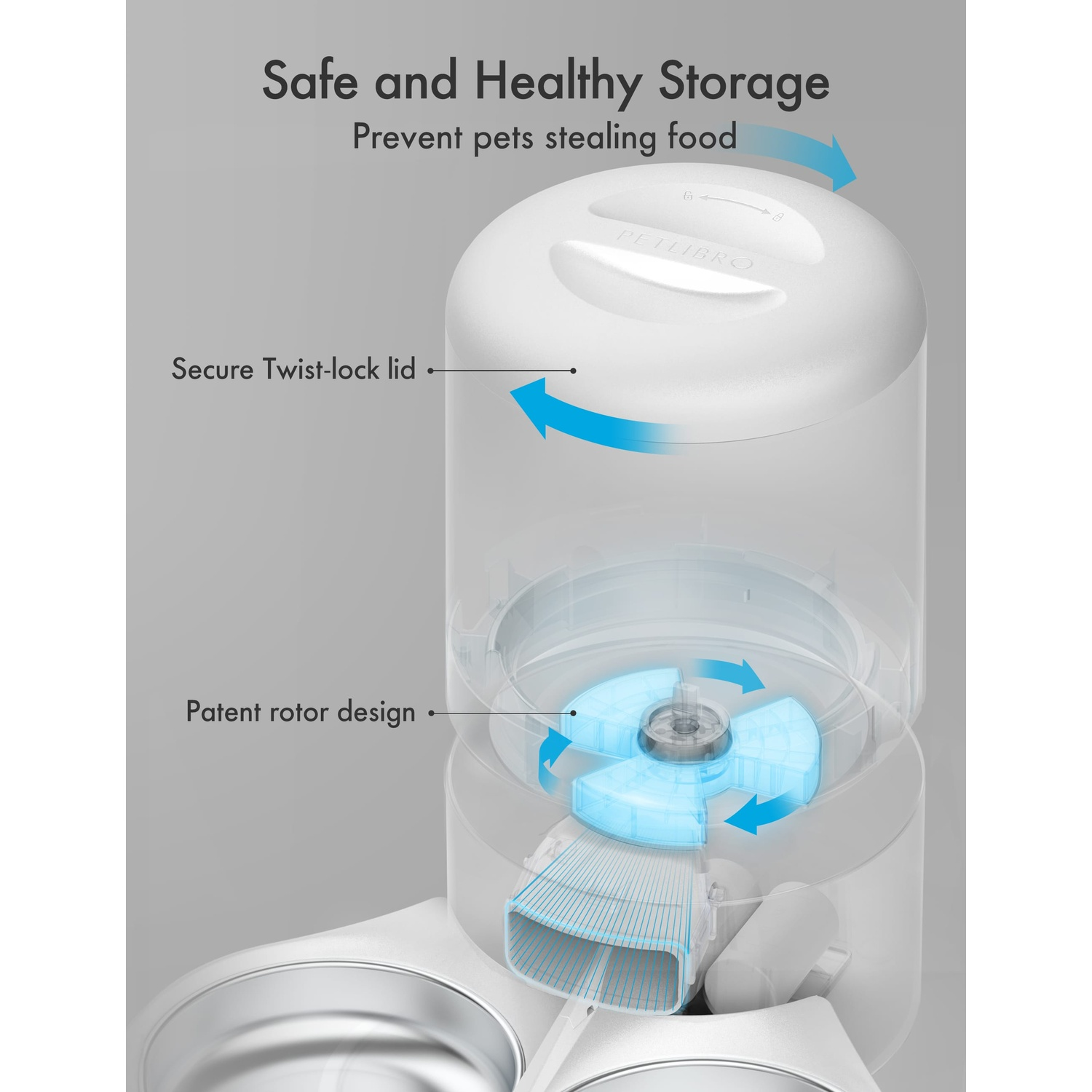 White pet food dispenser with a transparent container, showing its components.